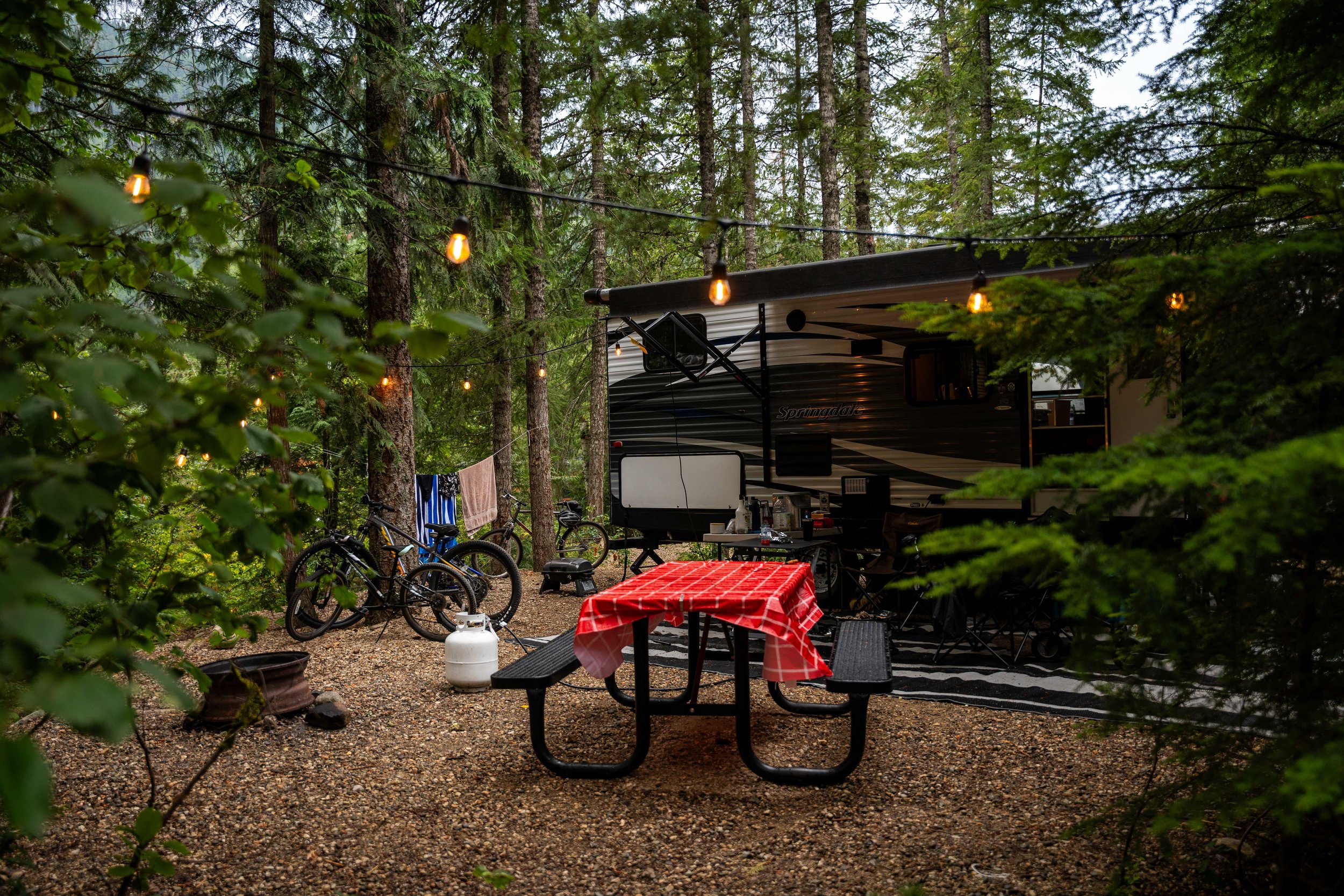 An RV camped under tall trees at Crazy Creek, with string lights, bikes and a picnic table beside it