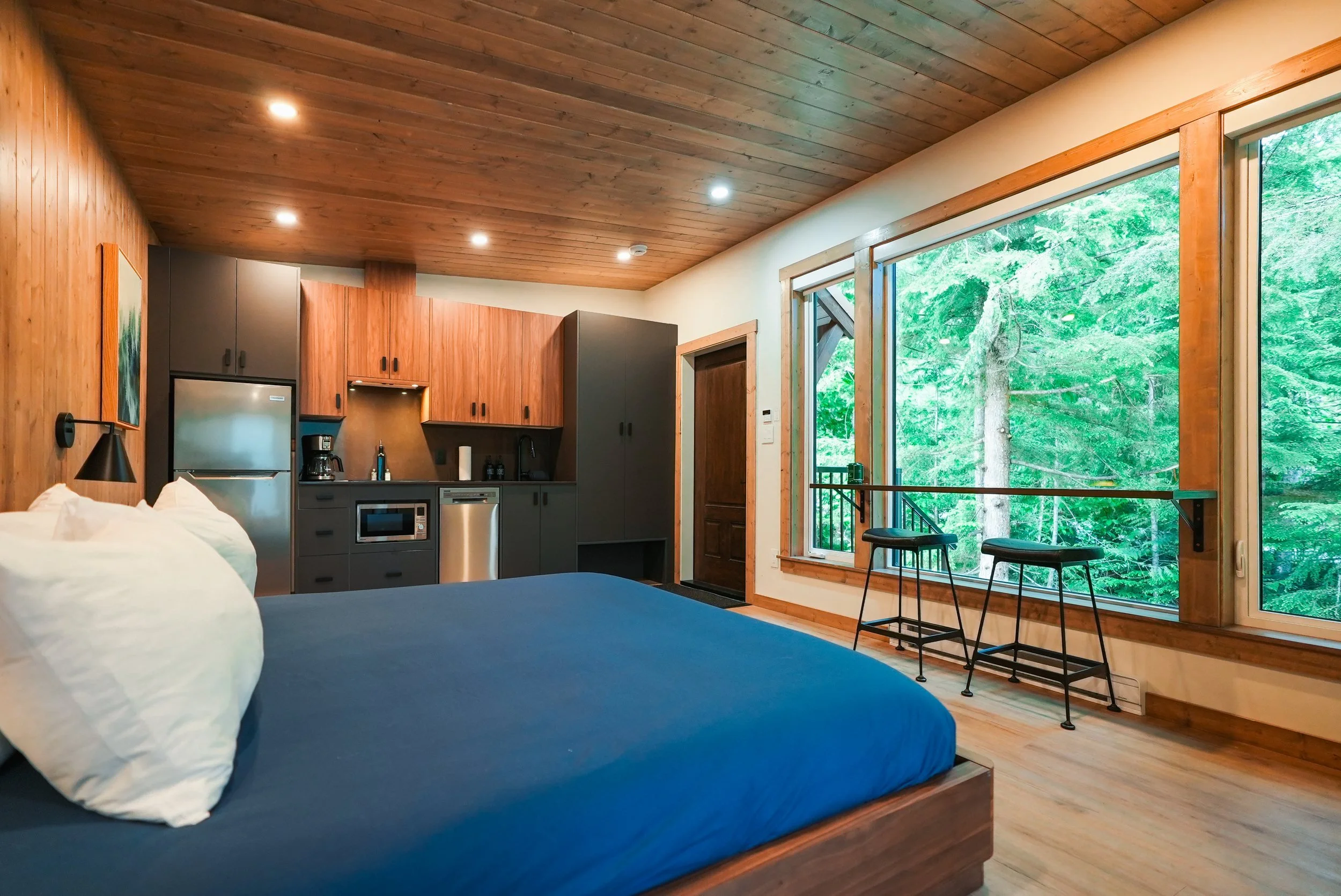 Nest studio with a king bed, wood ceiling and large windows looking into the forest
