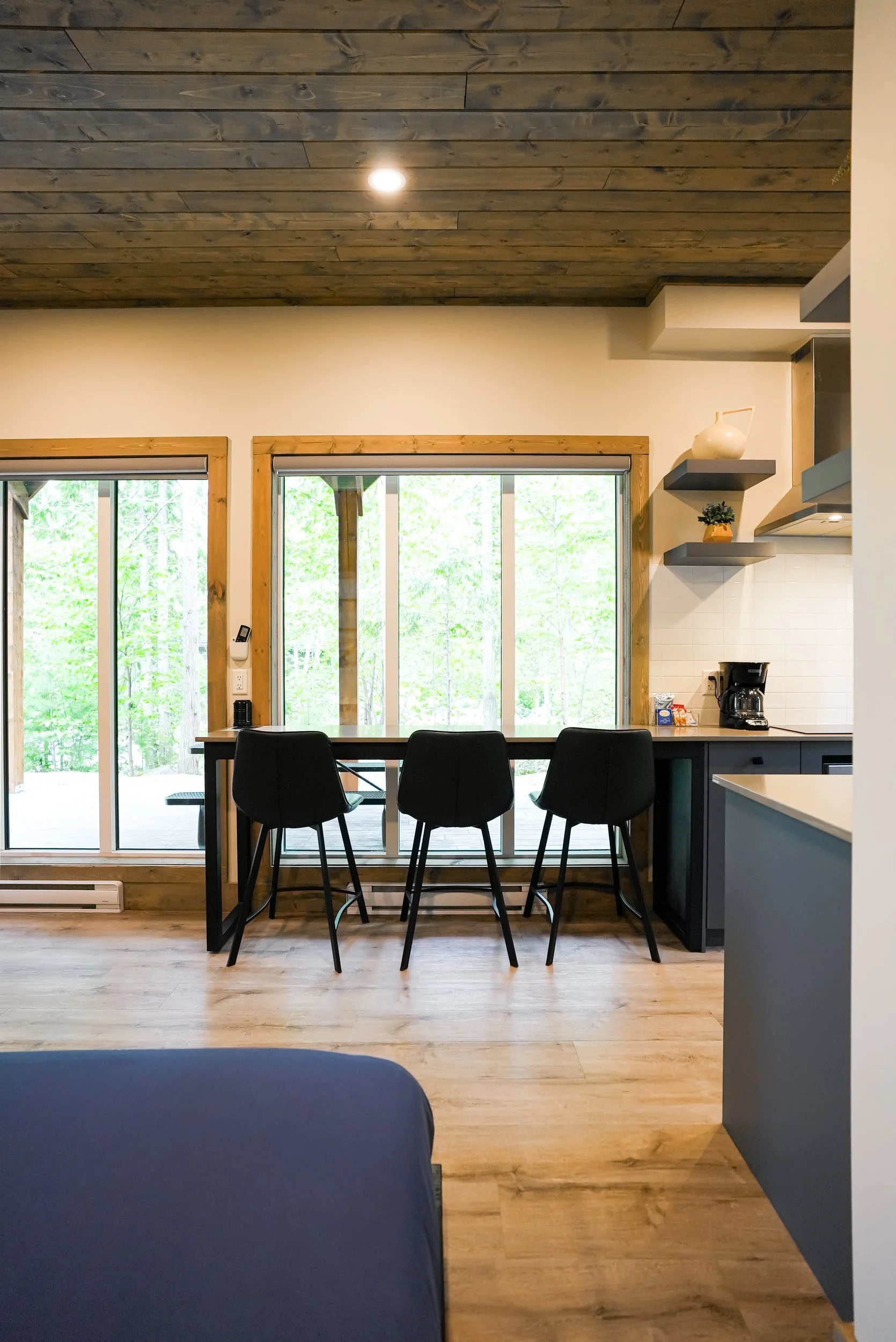 Window bar with stools looking out to the trees in the Monashee