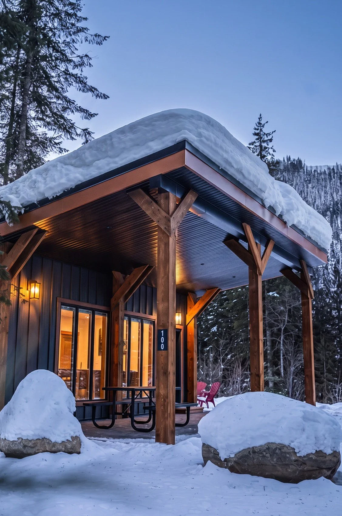 Monashee cabin 100 at dusk in winter, snow on the roof and warm light in the windows