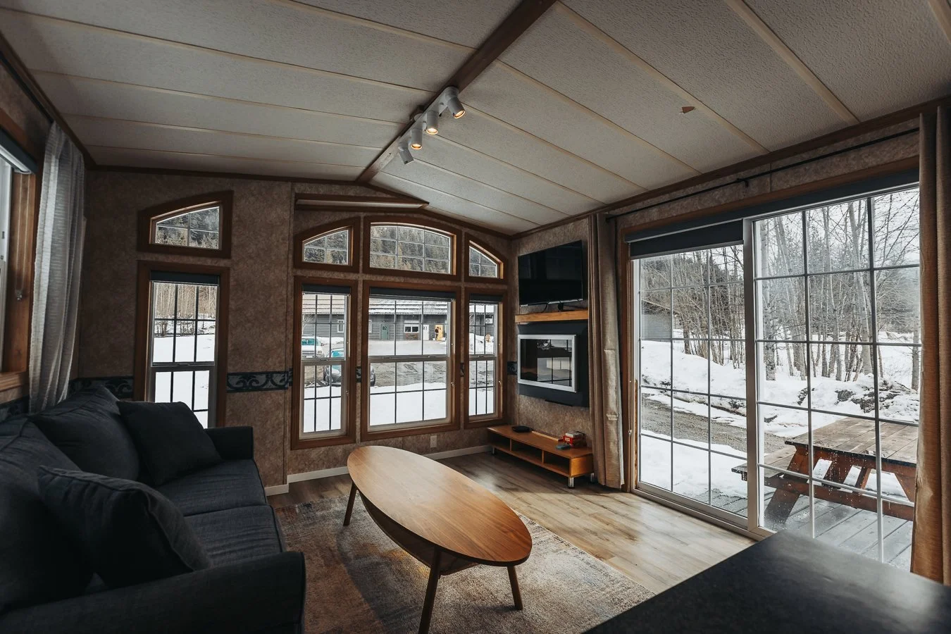 Hatchery Cabin 5 living room with a sofa and large windows