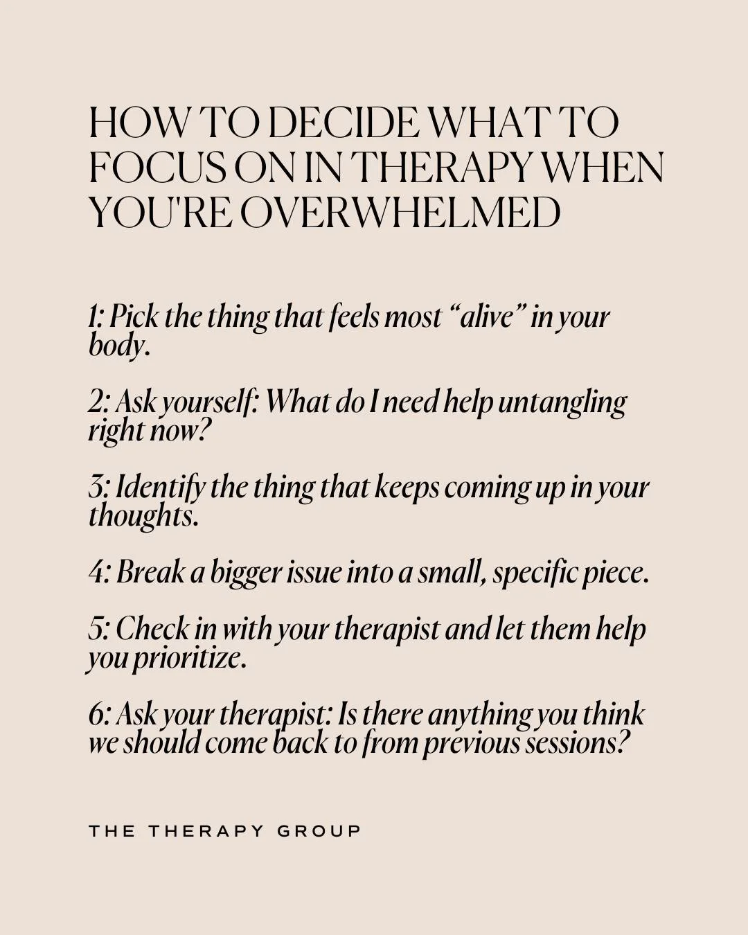 You don&rsquo;t have to unpack your entire life in one session.

Start with what feels heavy in your body.

Therapy often works best when larger issues are broken into specific, manageable topics.
&bull;
&bull;
&bull;
If you&rsquo;re looking for a th