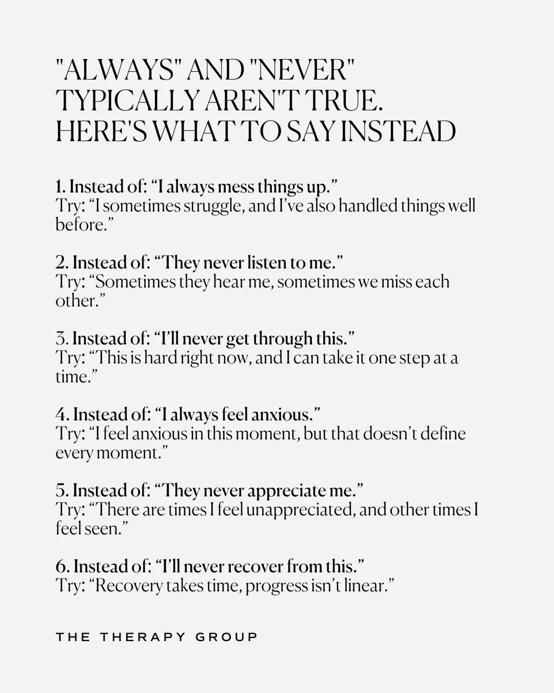 All-or-nothing language often shows up when emotions are loud. 

Gently adjusting the story you&rsquo;re telling yourself can reduce intensity without dismissing your experience. 
&bull;
&bull;
&bull;
If you&rsquo;re looking for a therapist in Philad
