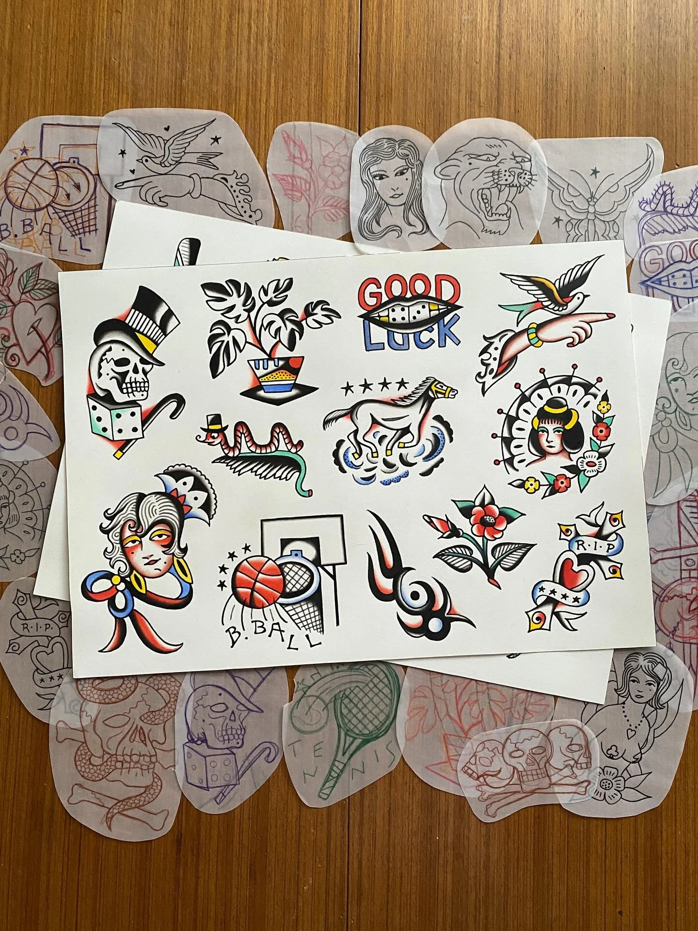 STARTING TODAY
Three days of bulk tatts at @thankstattoosydney as a part of @surplussydney 
I&rsquo;ll be working off these sheets. All available to be tattooed with or without colour. Come on in and hang. Plenty of super cool shit happening over the