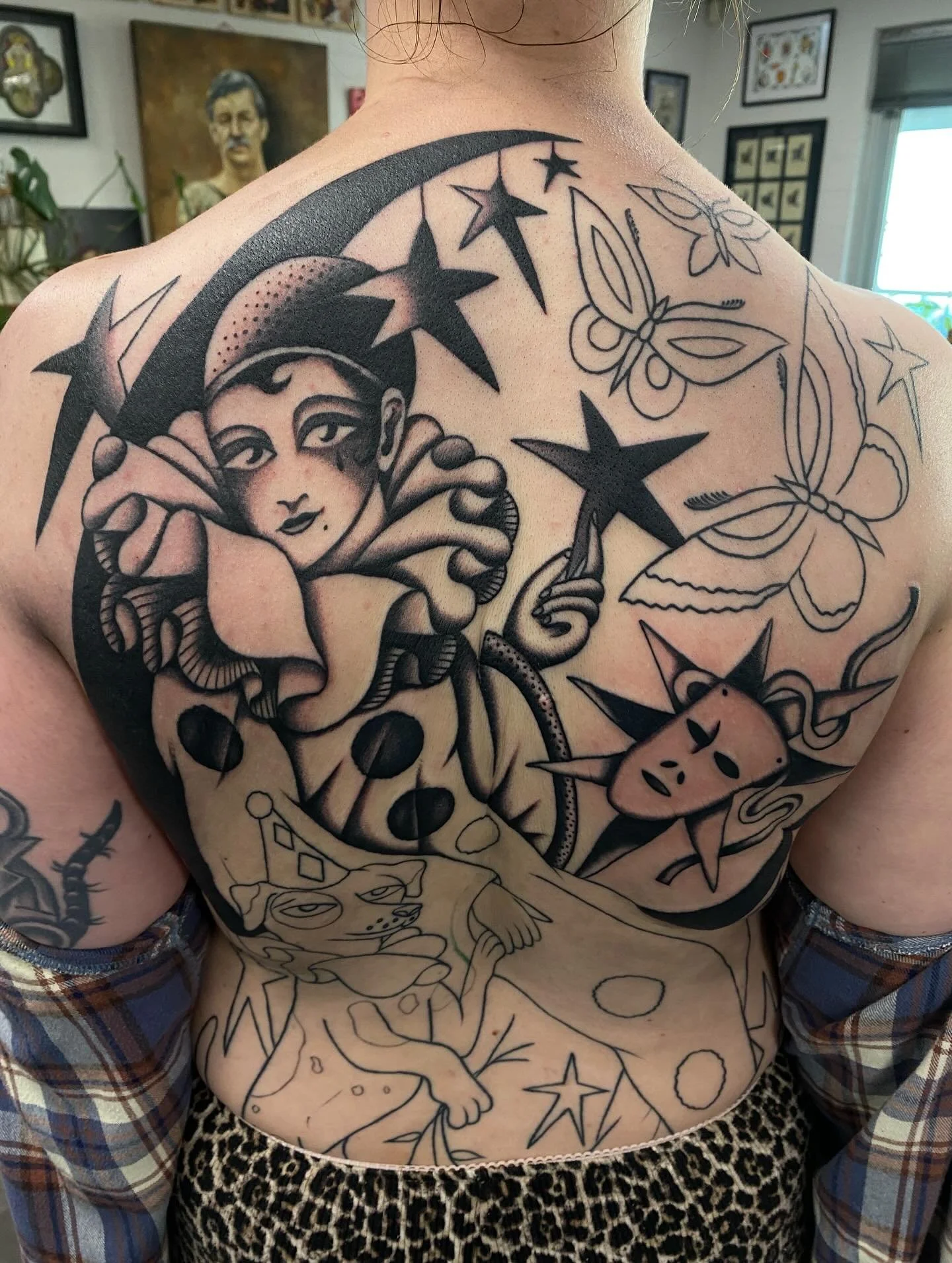 True legend (and badass) @beanwoman11 copped a huge shading session on her back so effortlessly a couple of weeks ago. I&rsquo;m so excited to continue with this one. Mads and I have a shared love of clowns and when she asked me to do this DREAM back