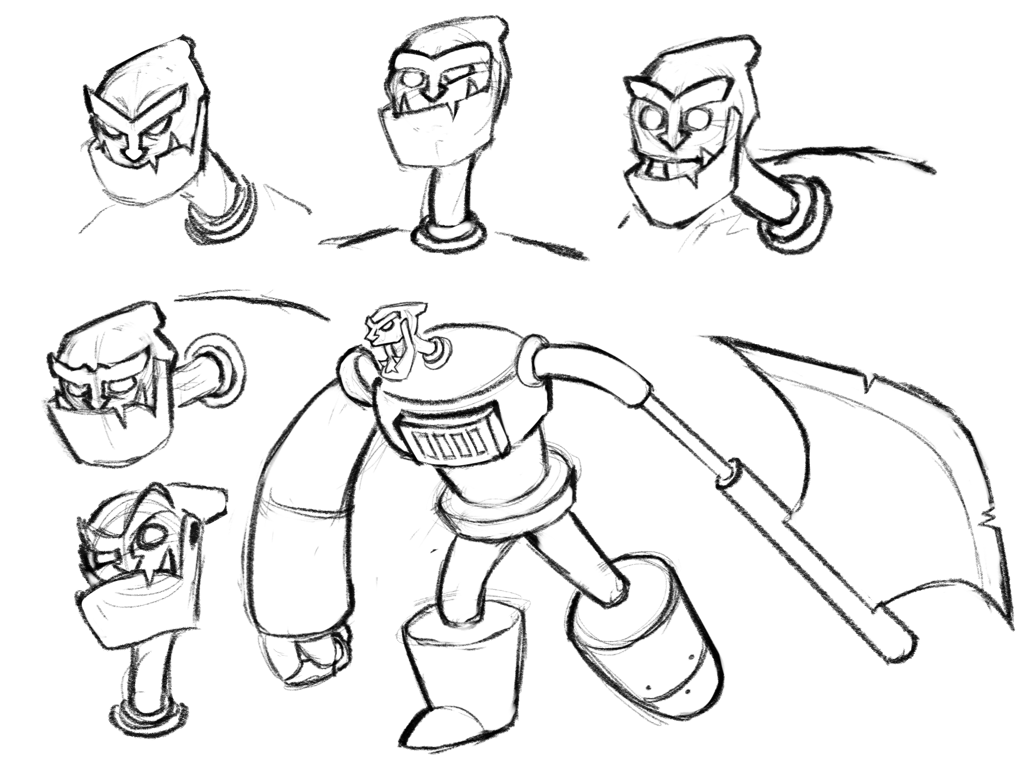 Sketch of the full body including several expressions to show how he emotes.