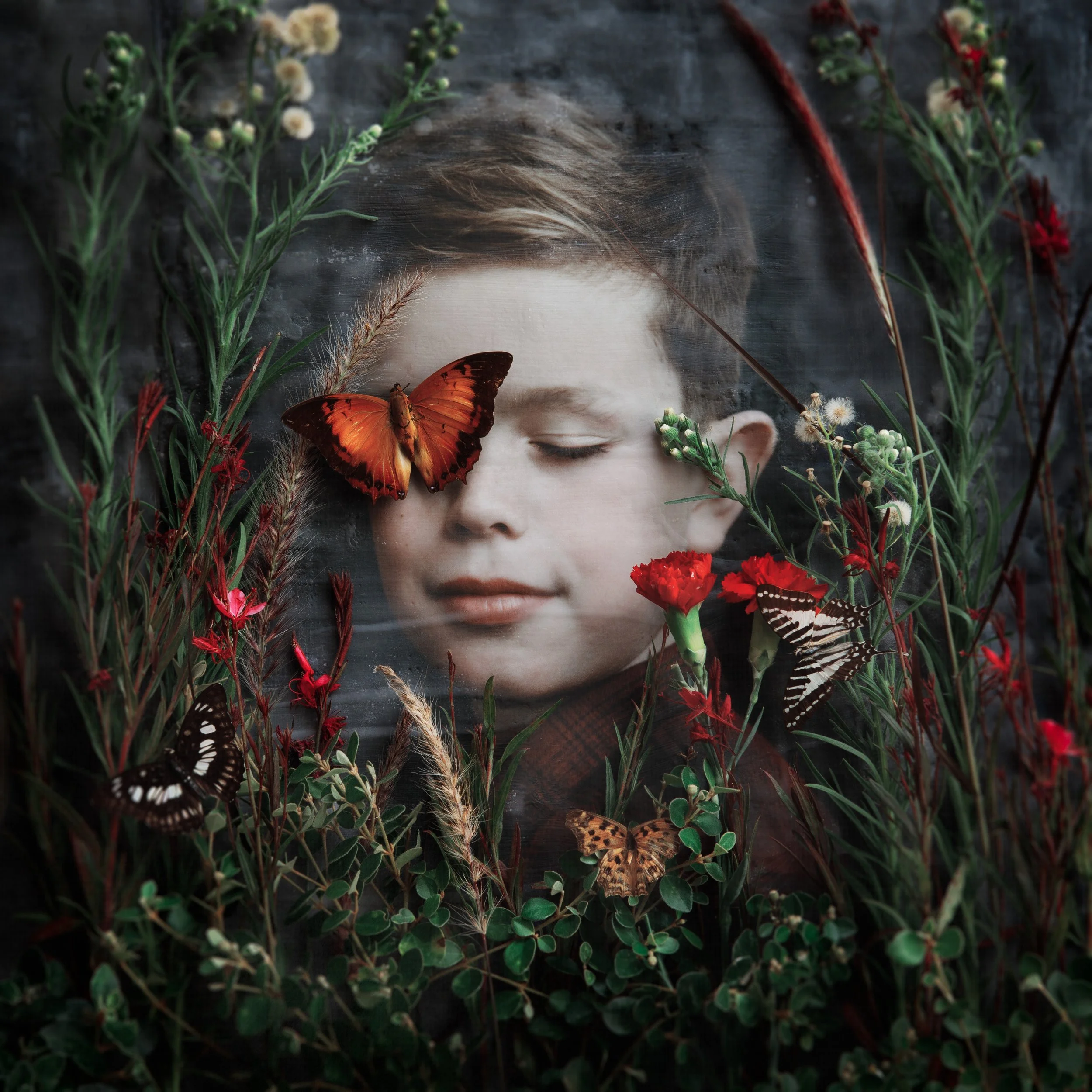 A young boy with closed eyes surrounded by various flowers and butterflies, with some butterflies resting on his face and flowers, forming an artistic and serene scene.