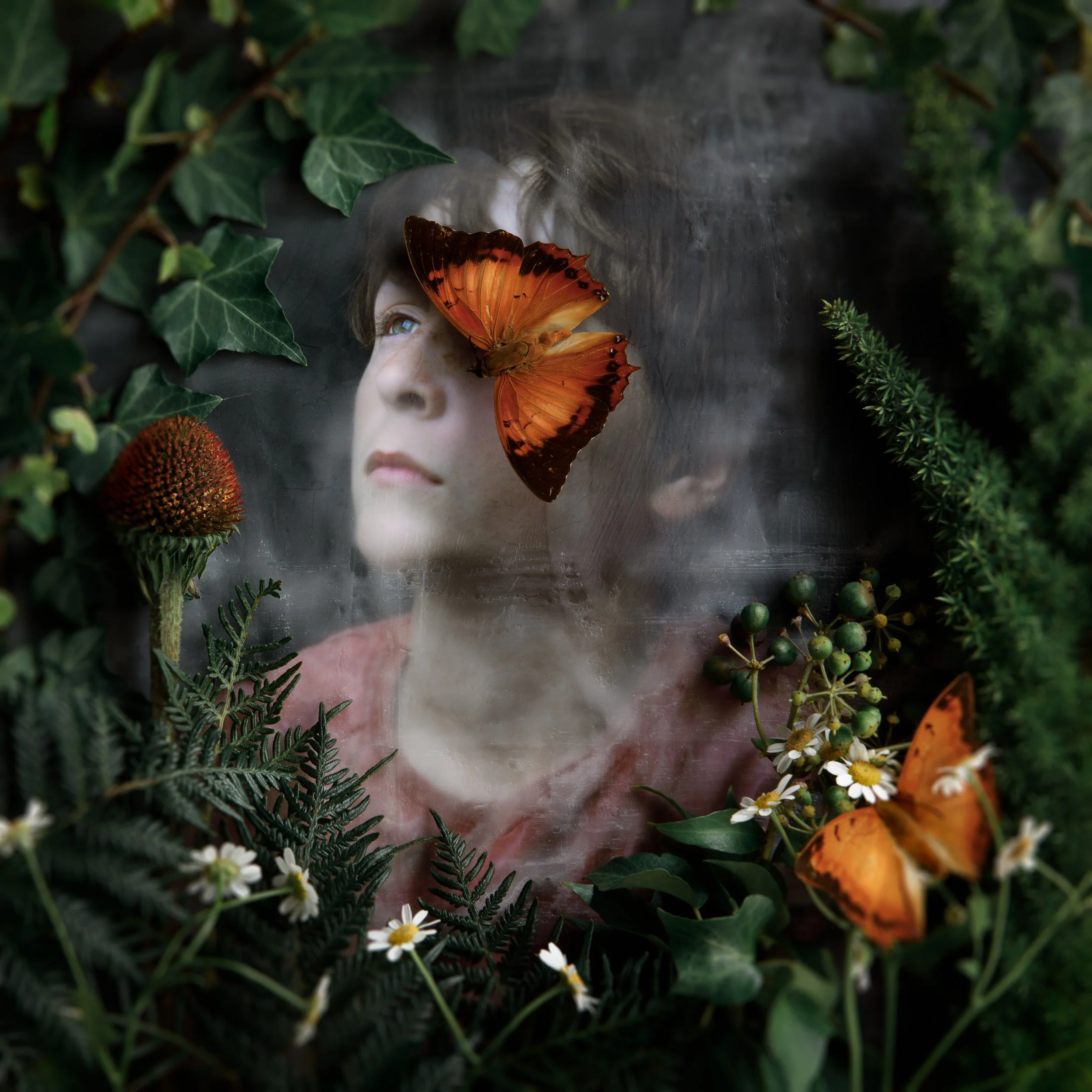 A young girl looking through a foggy window surrounded by green foliage and white daisies, with orange butterflies resting on and flying around her.