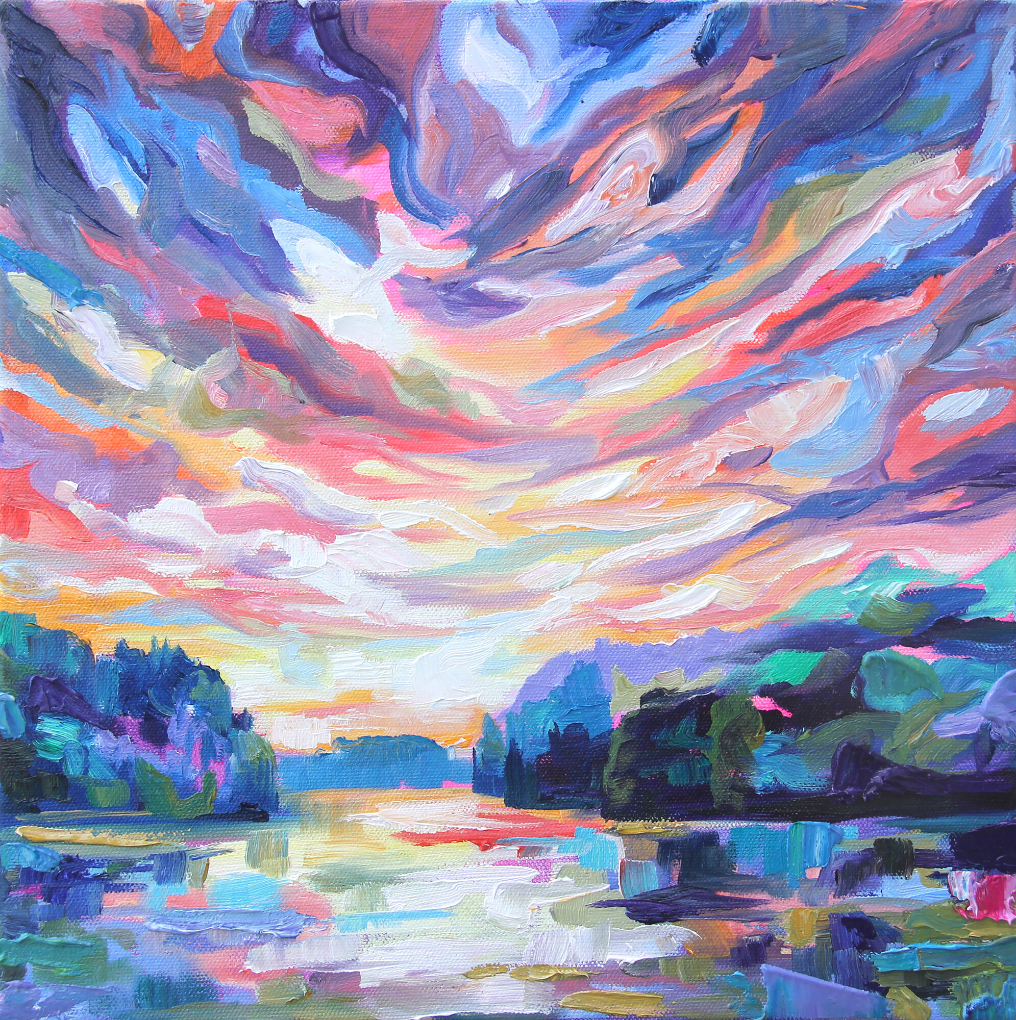 Sunset on Lake Joseph, 12 x 12", oil and acrylic on canvas, 2020