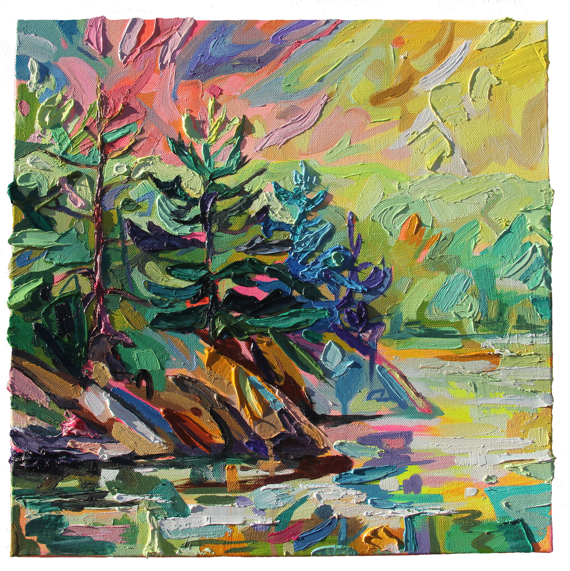 Mary Lake Magic, 16 x 16", oil and acrylic on canvas, 2021