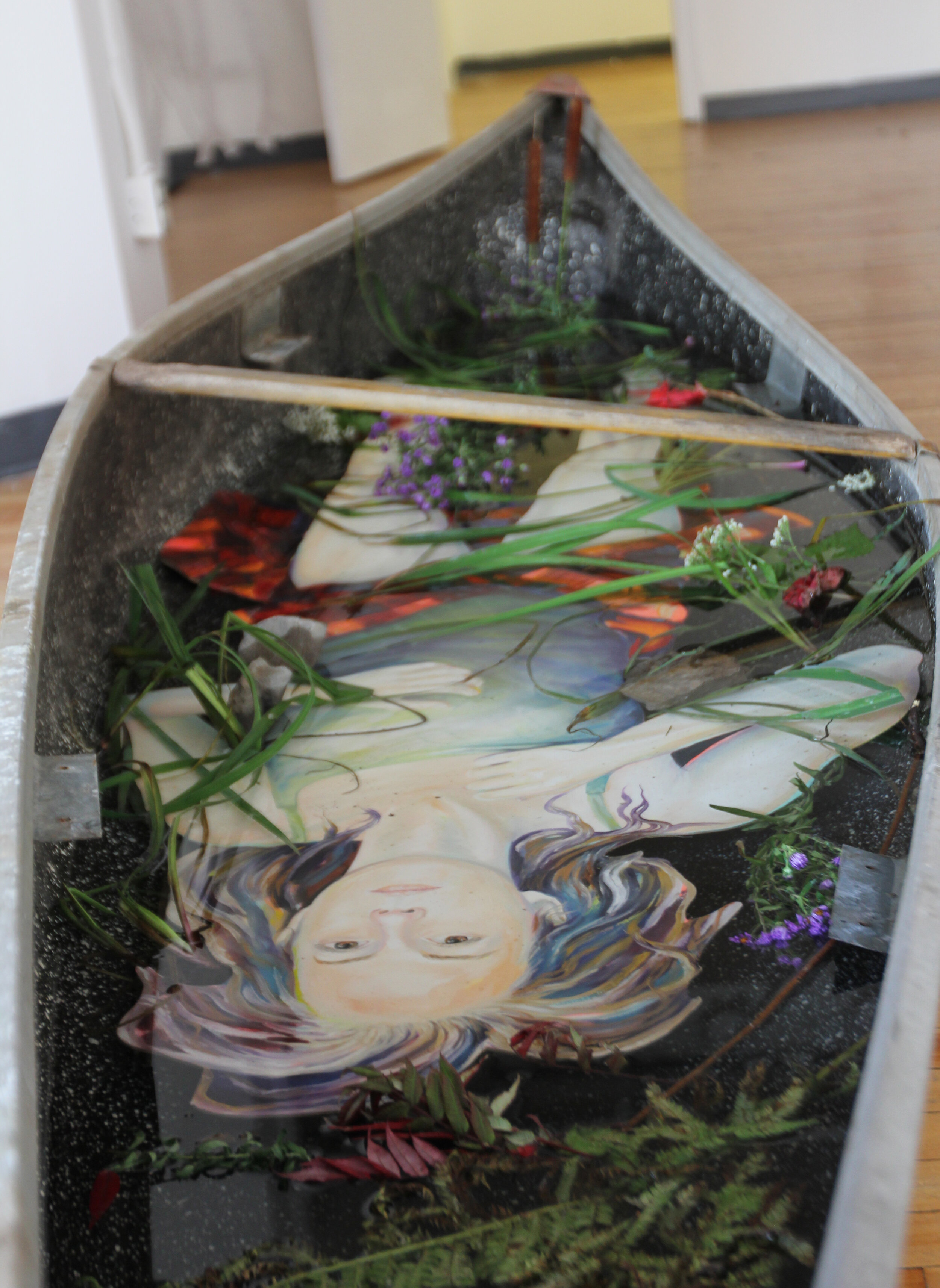 Immersion detail, 11 x 4.5 x 2.5", resin and oil on wood, water and plants in found canoe, OCADU grad gallery, 2017