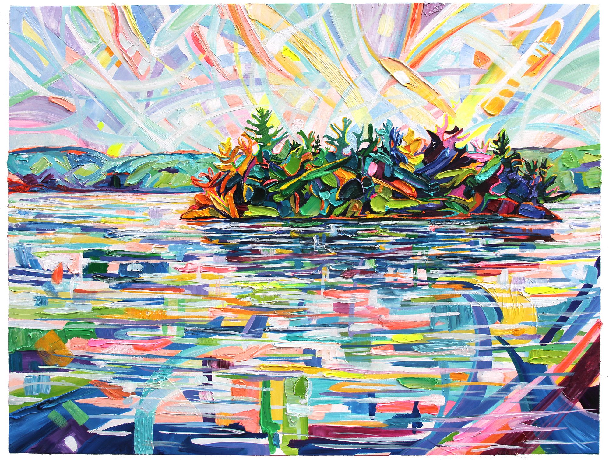 Lake of Two Rivers Island, 36 x 48", acrylic on panel, 2021