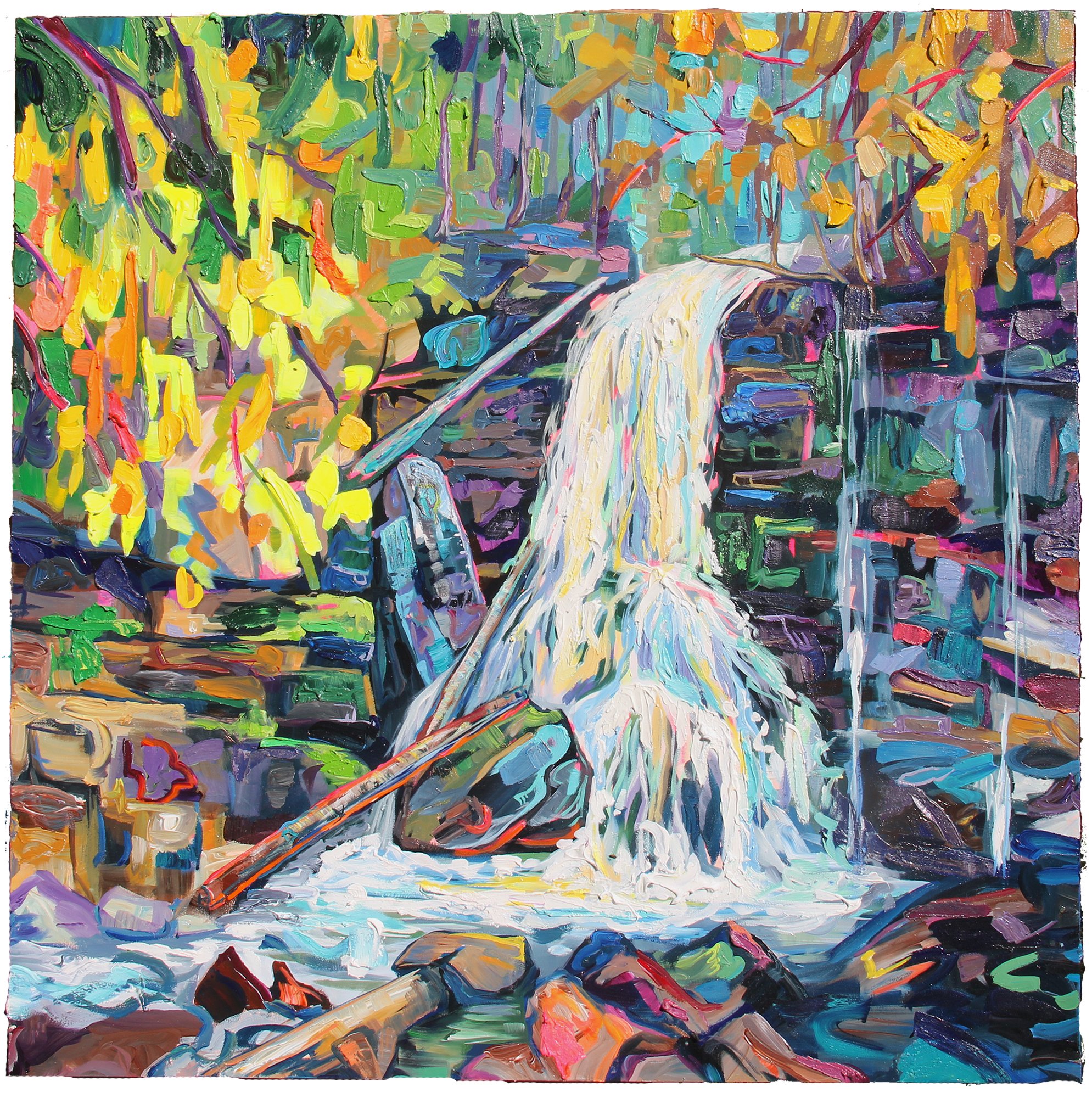 Chasing Woodland Waterfall, 48 x 48", acrylic on panel, 2021