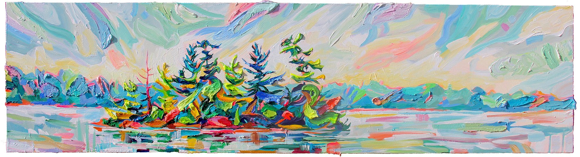 Lake Rosseau Island, 12 x 48", acrylic on panel, 2021