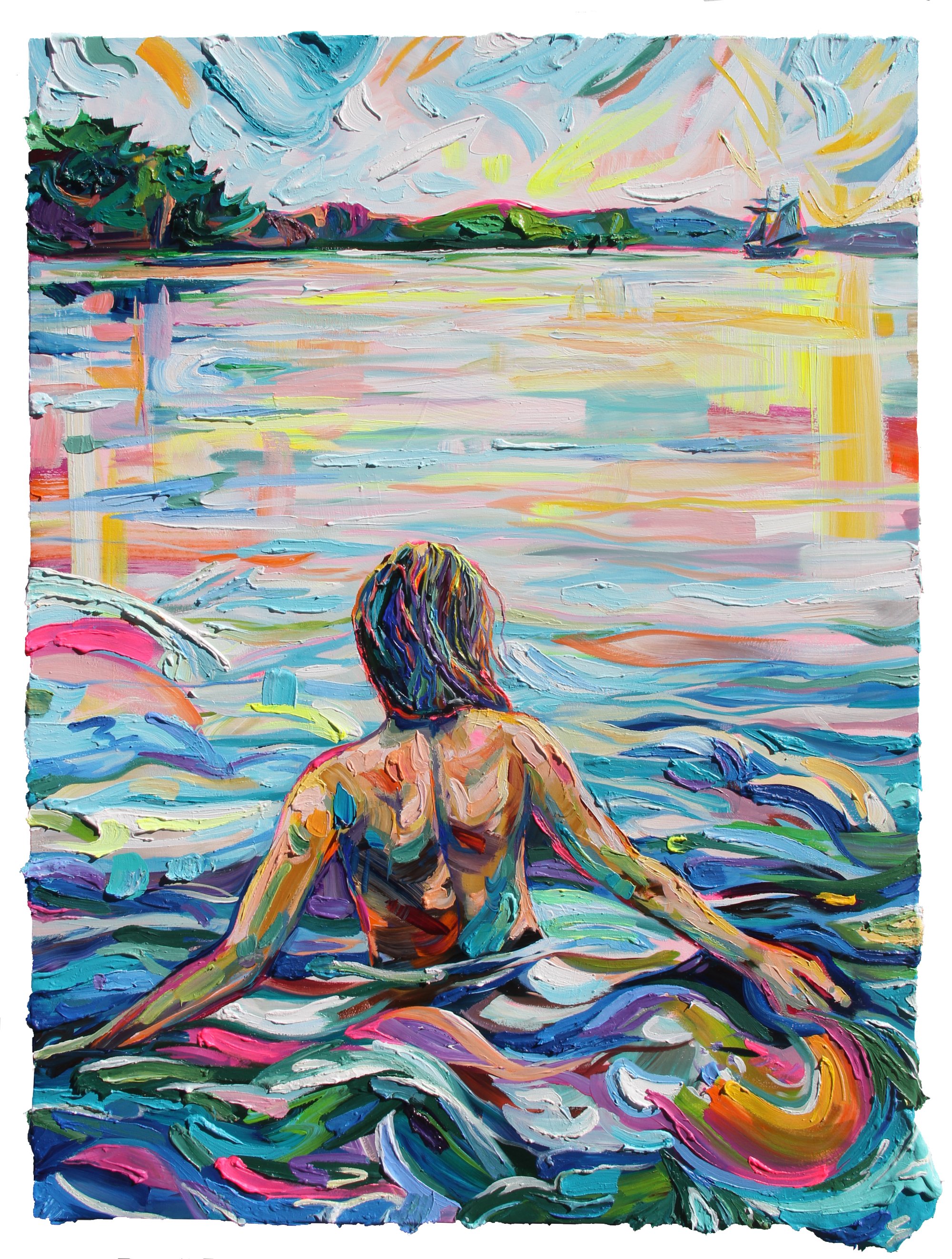 Georgian Bay Mermaid, 40 x 30”, oil and acrylic on panel, 2022.
