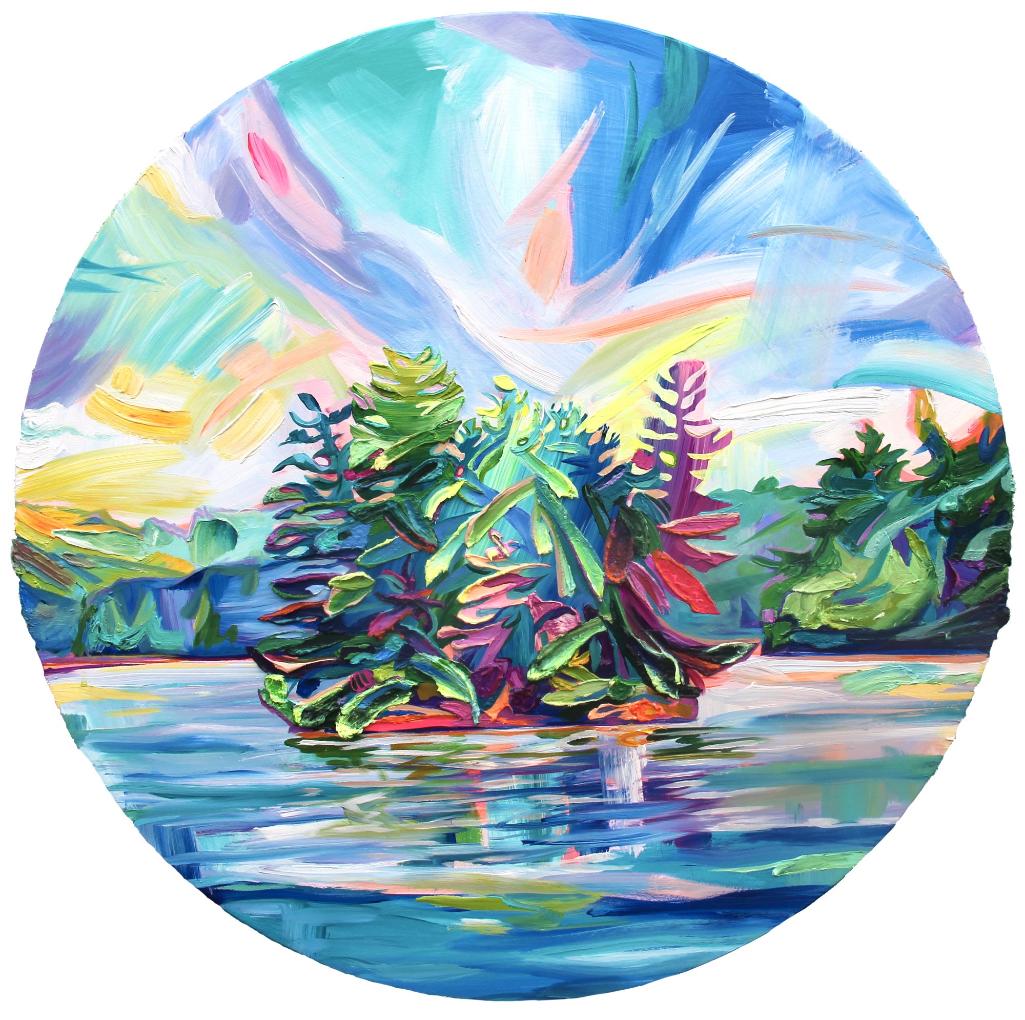 Fairy Lake Island, 36” tondo, oil and acrylic on panel, 2022.