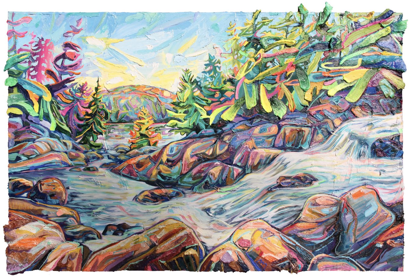 Follow: Ragged Falls, 48 x 72”, oil and acrylic on canvas wrapped panel, 2022.
