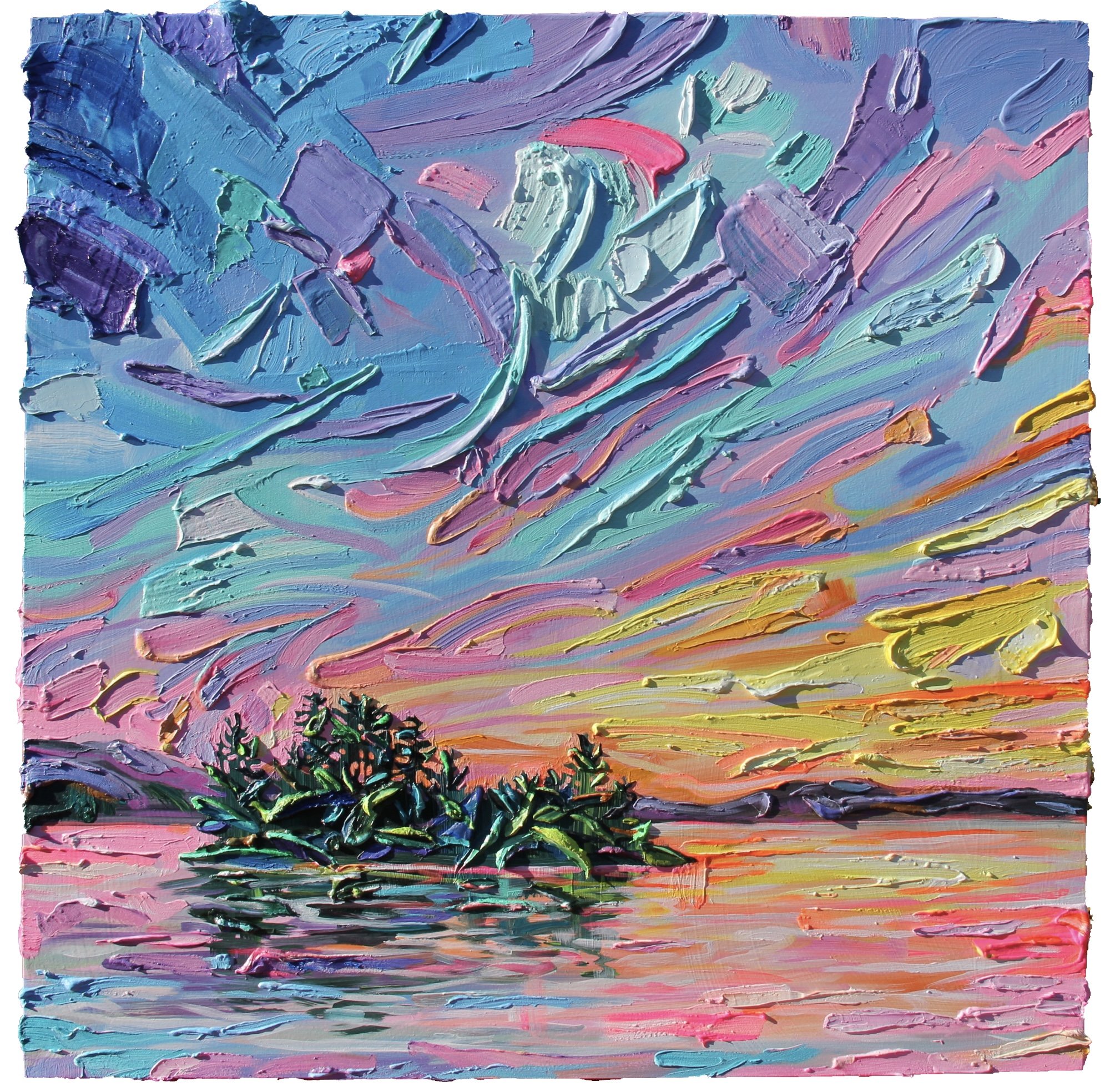 Sunkissed Kennisis Lake, 30 x 30”, oil and acrylic on panel, 2022.