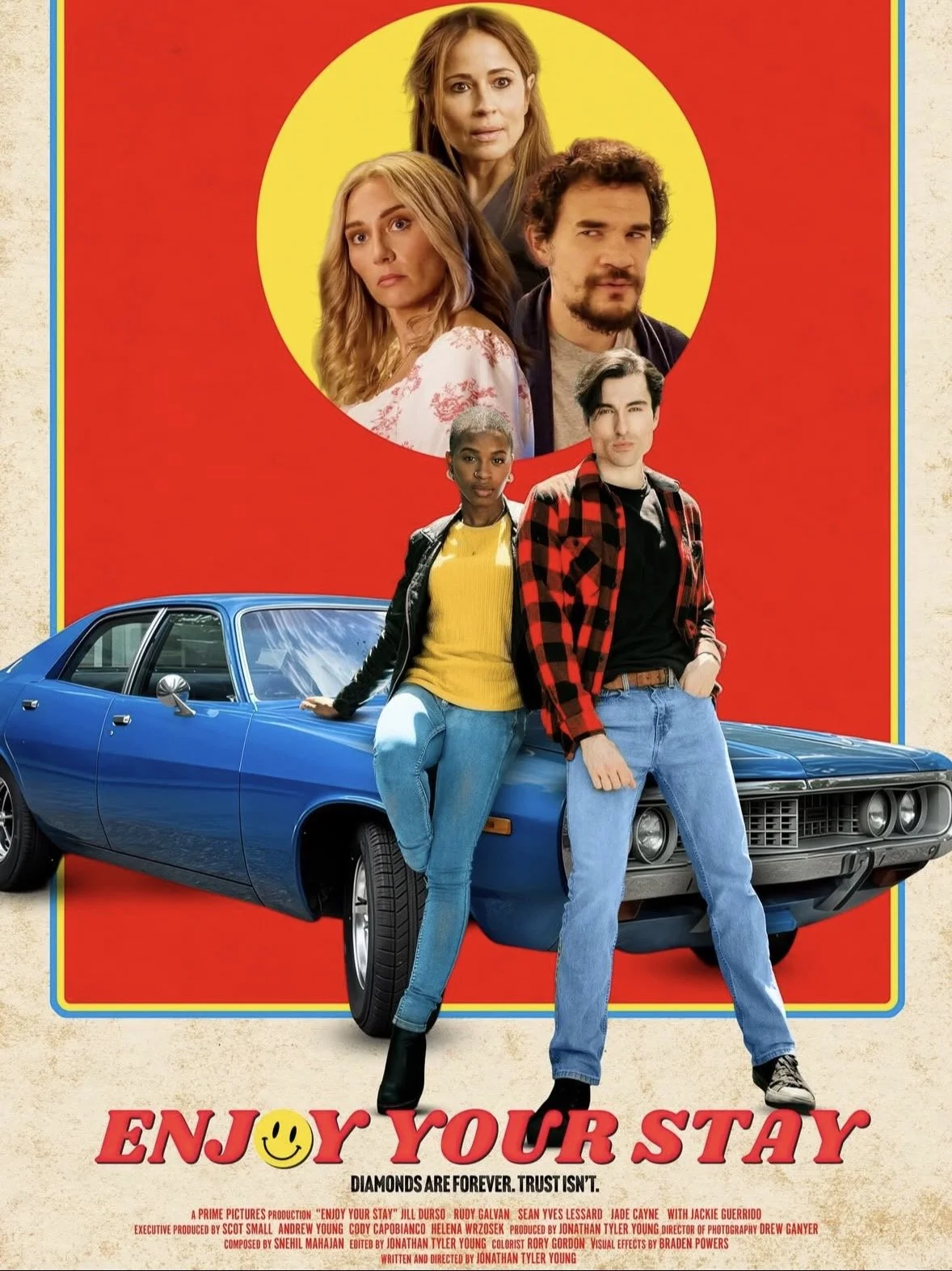 A promotional poster for the movie "Enjoy Your Stay" featuring five main characters, a blue vintage car, and bold colors with the tagline "Diamonds Are Forever, Trust Isn't."