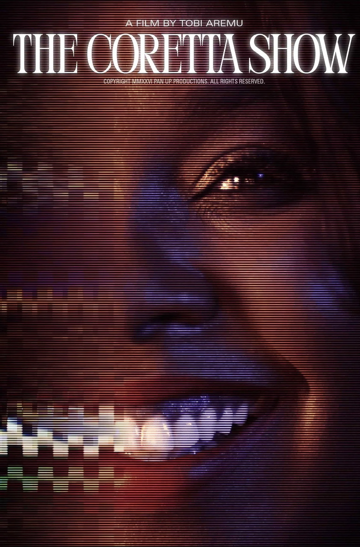 Movie poster for 'The Coretta Show' directed by Tobi Aremu, featuring a digital, stylized face of a woman with bold makeup and a skull at the bottom, with neon lighting and text.