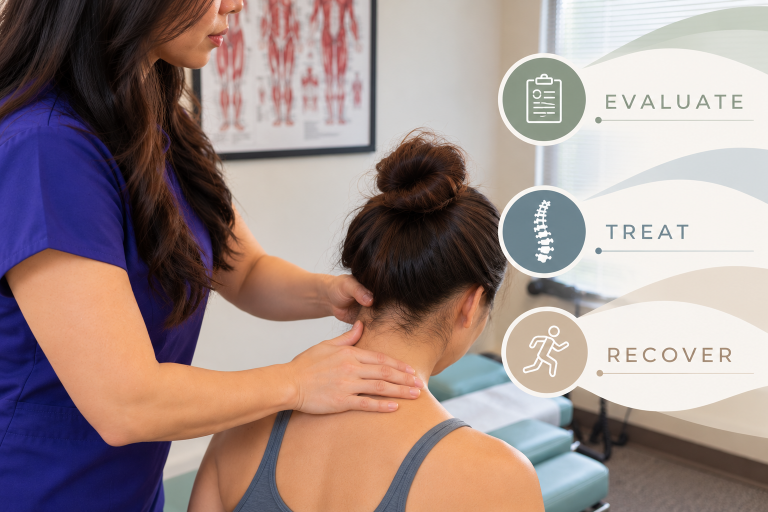 A healthcare professional examining a patient's neck and shoulder area in a medical office, with informational icons and words about evaluating, treating, and recovering.