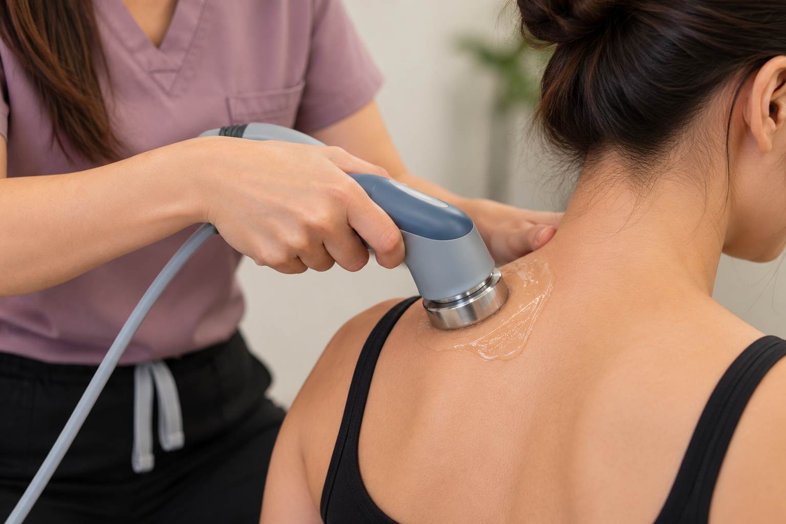 A healthcare professional performing a therapeutic ultrasound treatment on a woman's shoulder, using a handheld device with gel applied to the skin.
