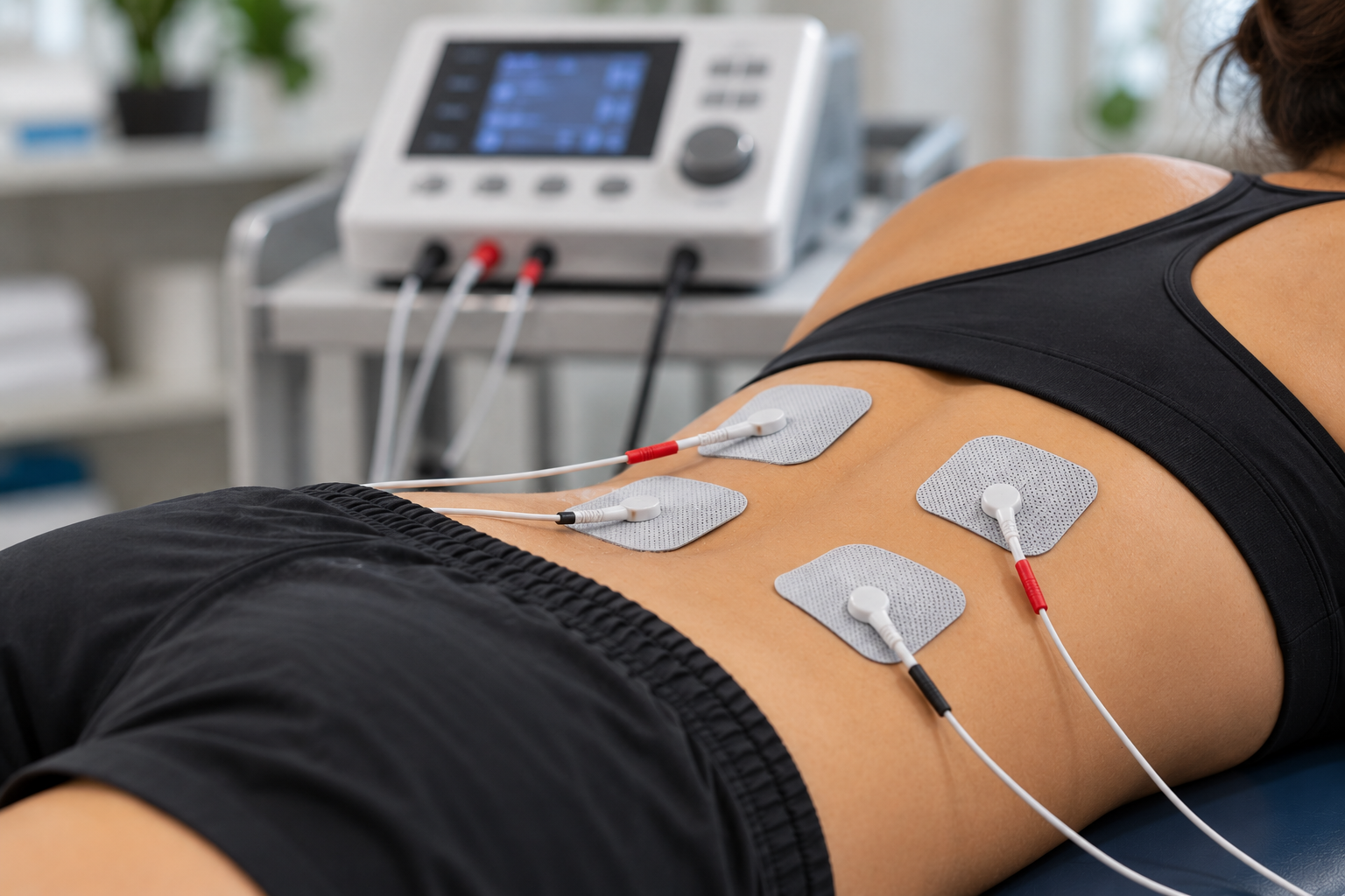 Person laying on a medical table with four EKG electrodes attached to their chest, connected to a monitoring device.