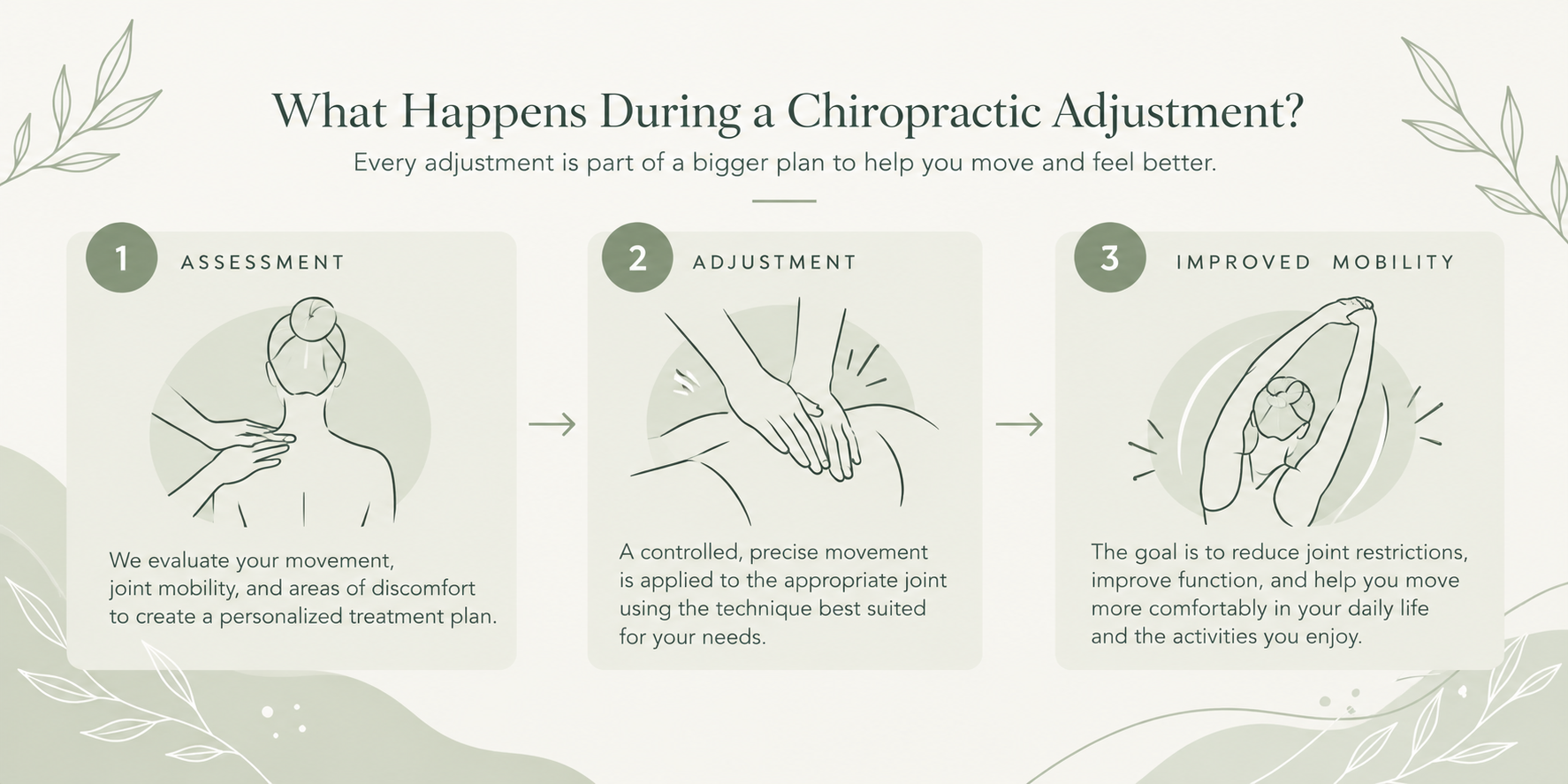 Informational graphic titled 'What Happens During a Chiropractic Adjustment?' showing three steps: assessment with a person being evaluated for movement and joint mobility, adjustment with hands applying controlled movement to a joint, and improved mobility with a person stretching their arms overhead. The background includes decorative leaves.