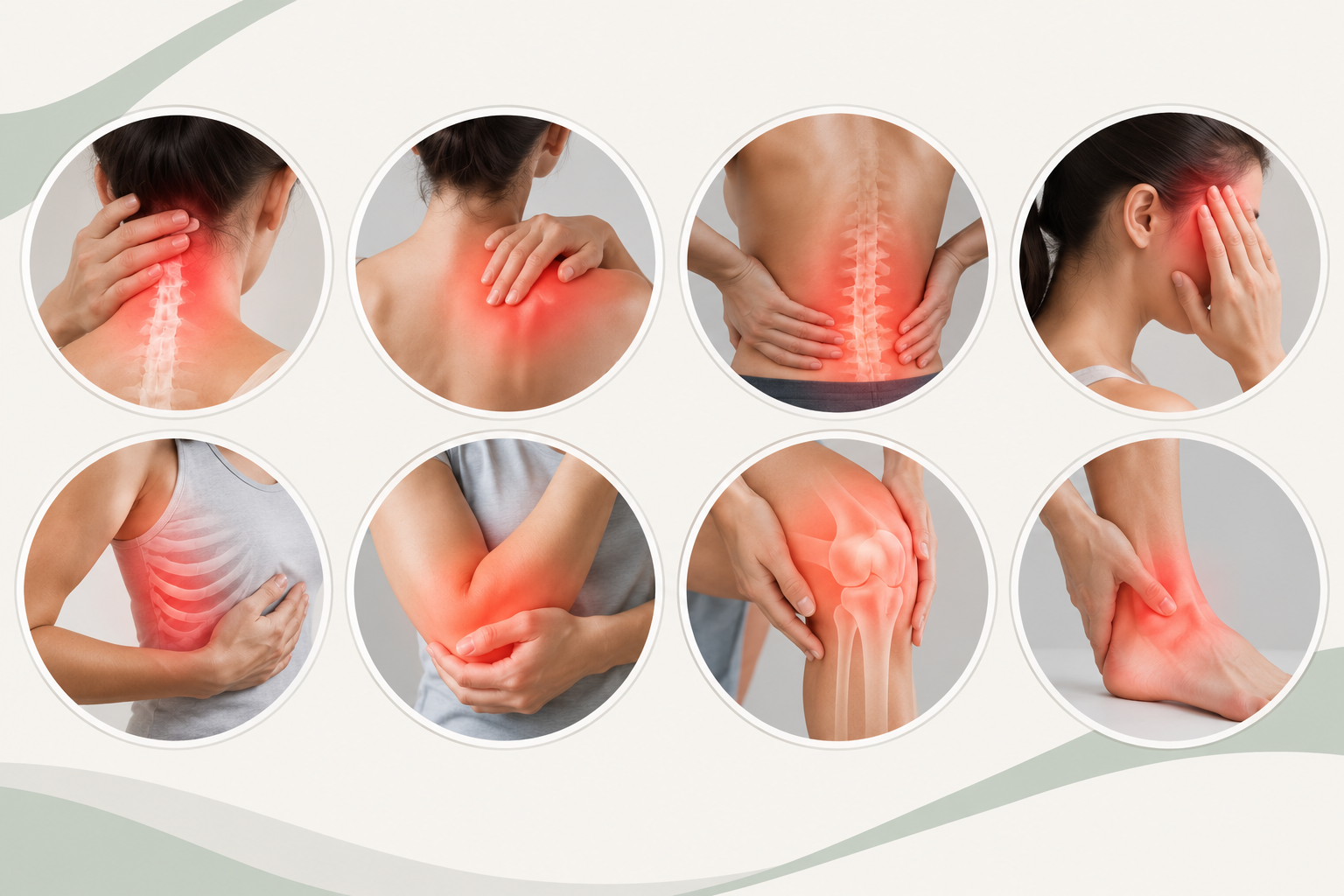 Collage of eight images showing people with red highlights on various body parts indicating pain or discomfort, including neck, shoulder, back, ribs, elbow, knee, ankle, and foot.