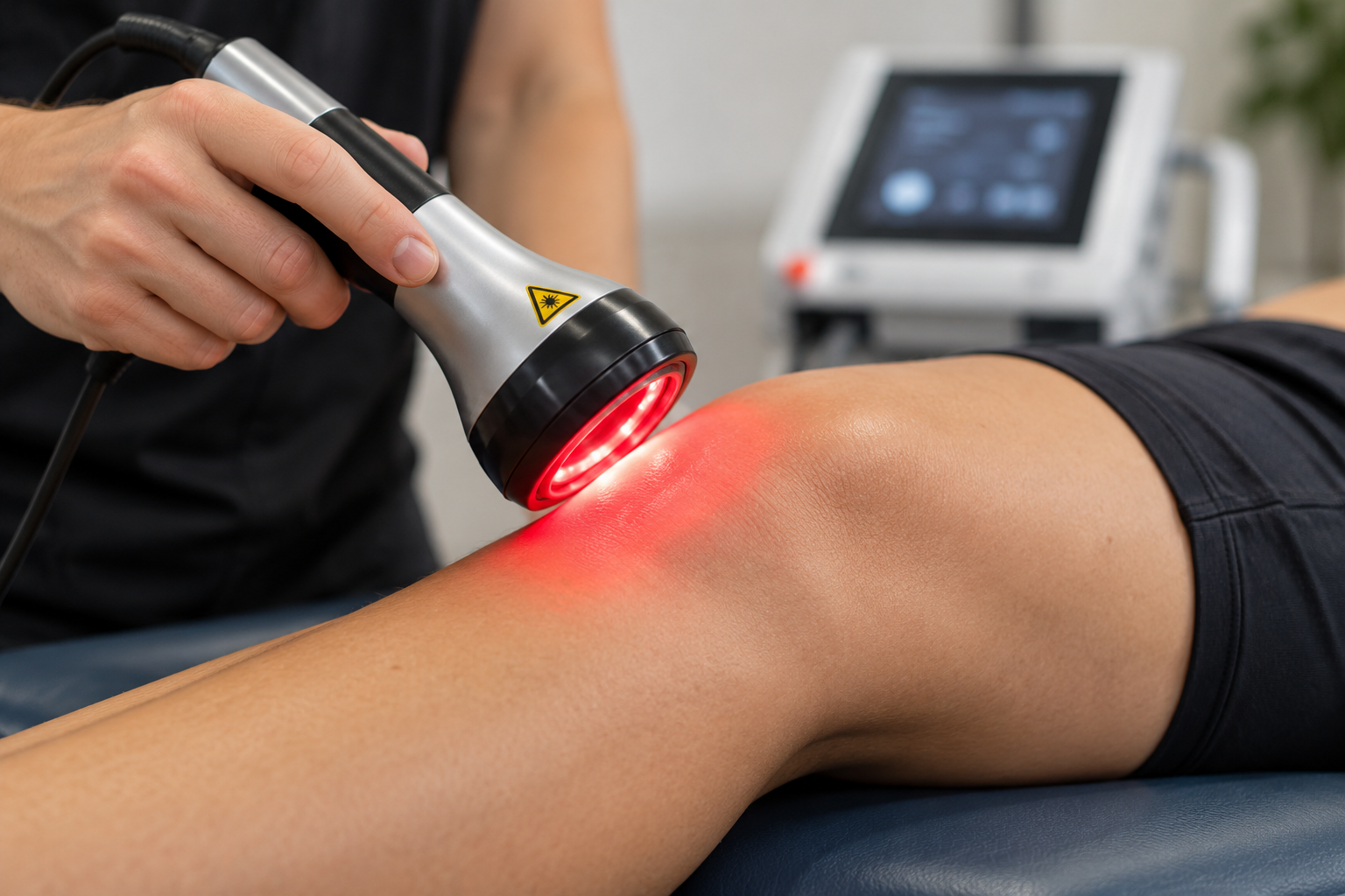 A person receiving laser therapy on their knee, with a healthcare professional holding a laser device emitting red light, and medical equipment in the background.