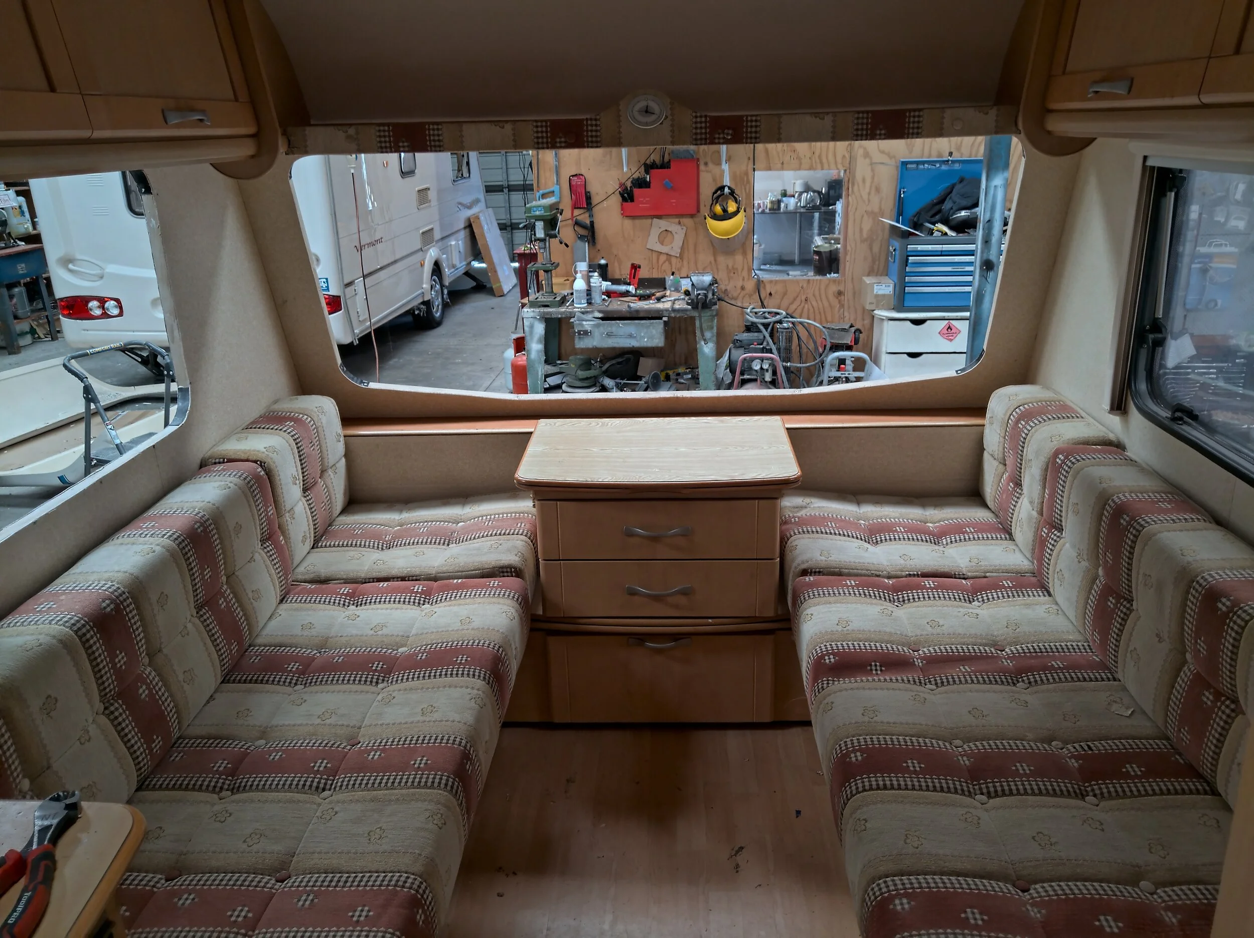 The interior reassembled prior to window refitting.