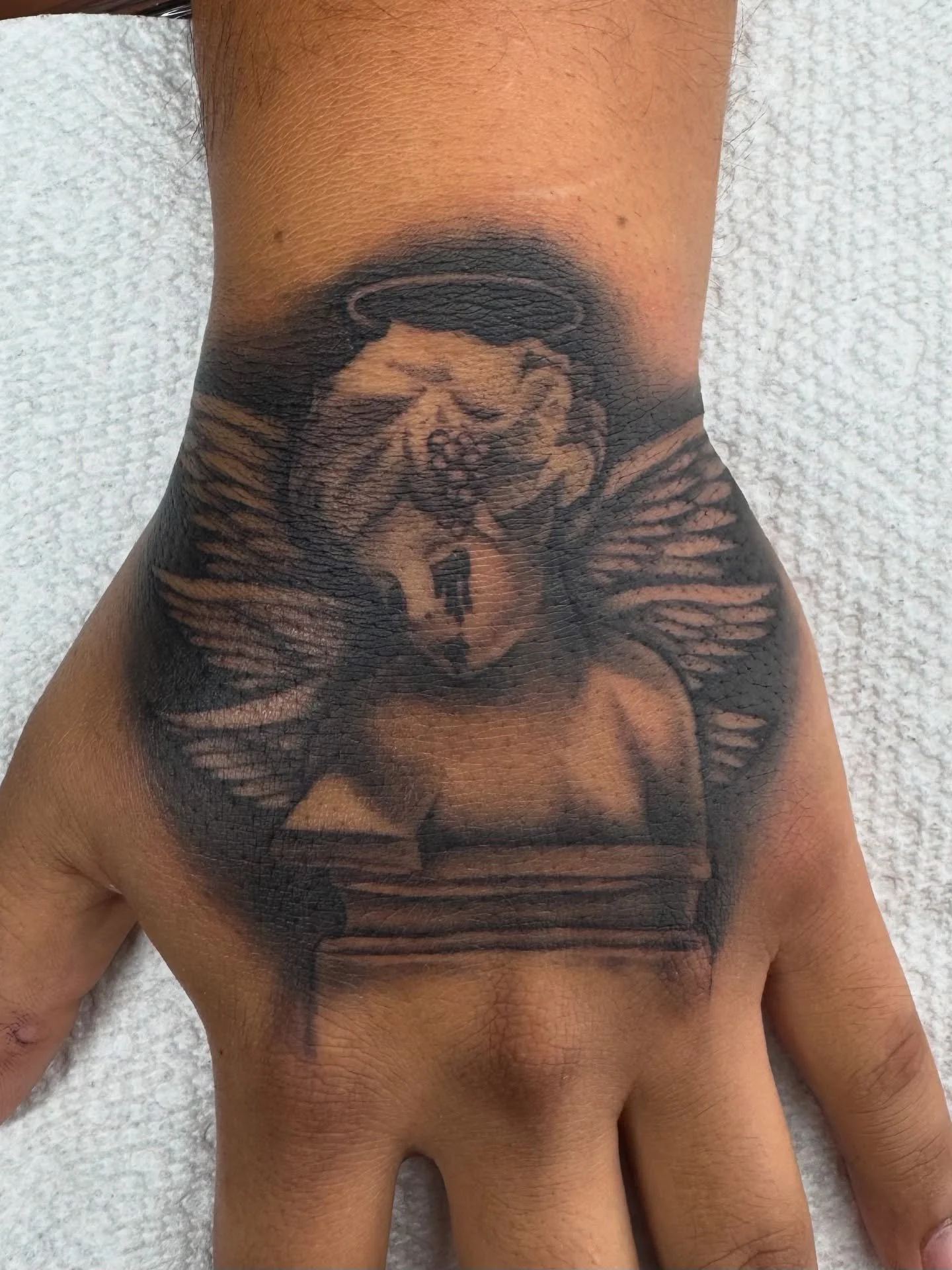 Junior H album cover for his first tattoo! Can&rsquo;t wait to see what we add to the rest of the sleeve! 🪽
&bull;
&bull;
&bull;
#dallas #dtx #dfw #explore #dtxtattoos 
#tattoos #tatted #dfwtattoos #newink #explore #linework #juniorh #sadboyz #album