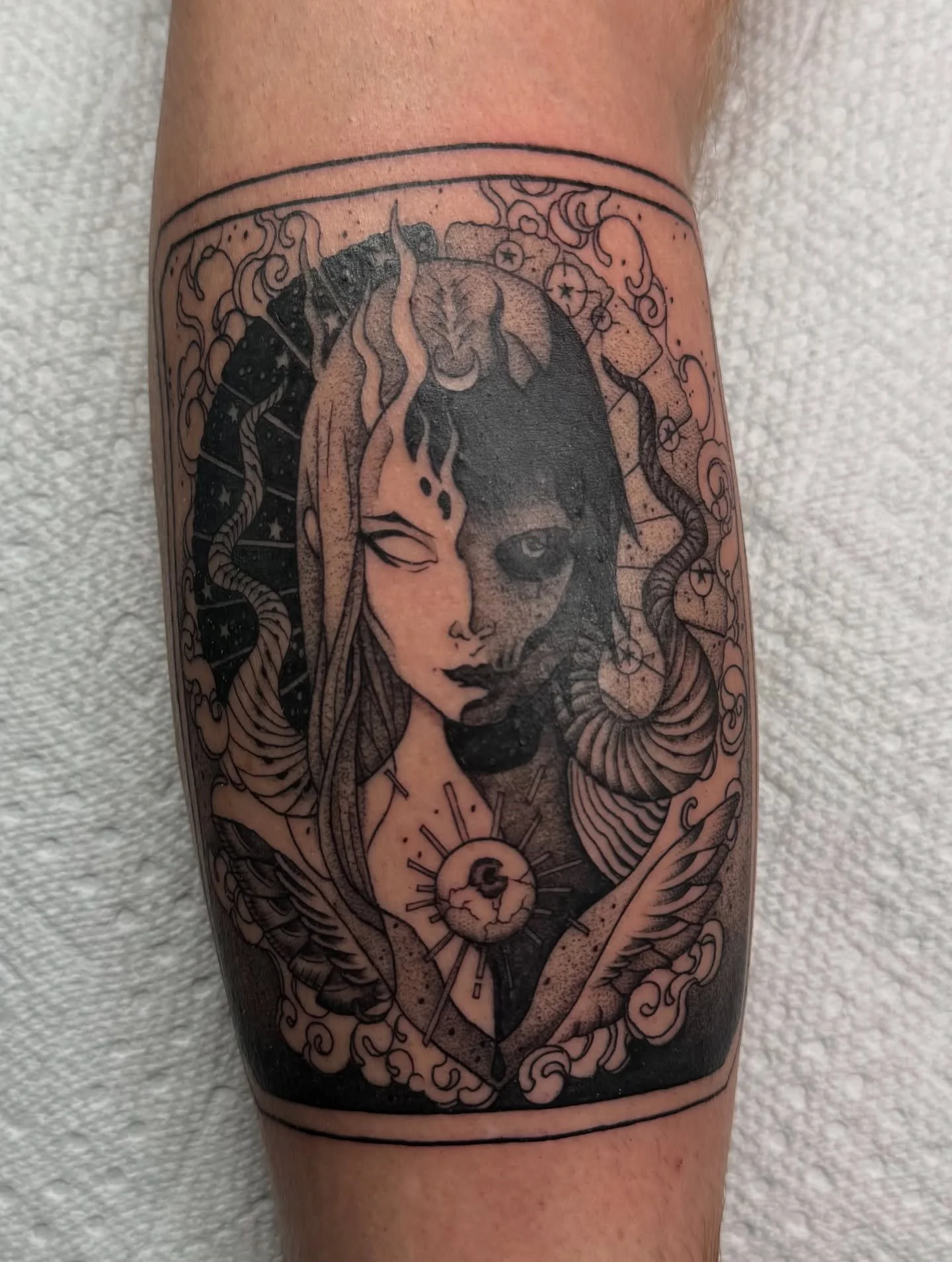 Mystic card from Marvel Snap! I loved doing this piece, if you&rsquo;re interested in booking something similar feel free to DM! Books are open for the end of August and September! 🔮🙌🏽
&bull;
&bull;
&bull;
#dallas #dtx #dfw #explore #dtxtattoos 
#