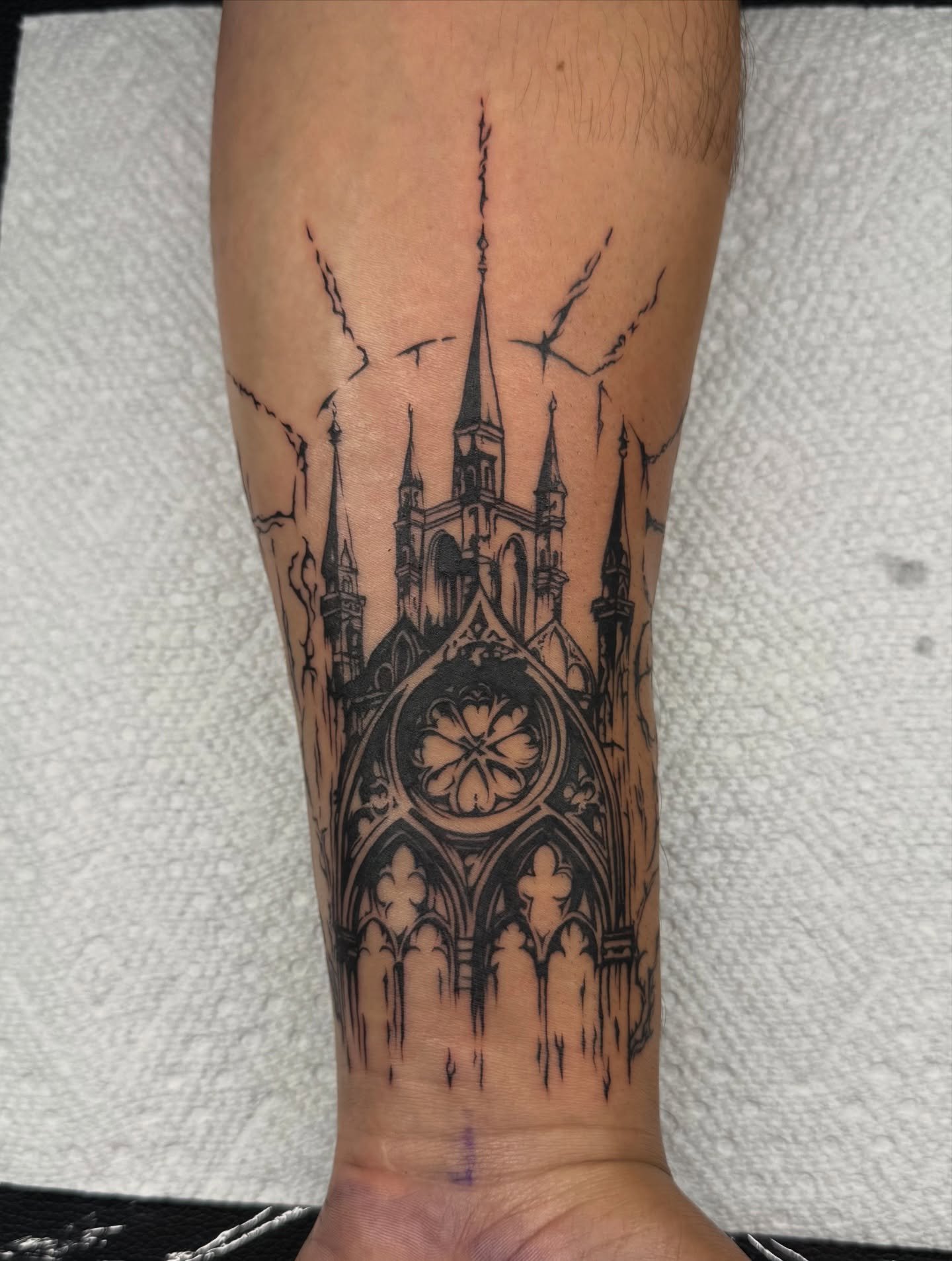 Custom cyber cathedral for @kira_media_ 🫣
&bull;
&bull;
&bull;
#dtxtattoos #cybertattoo #cybersigilism #customtattoo #tattoo