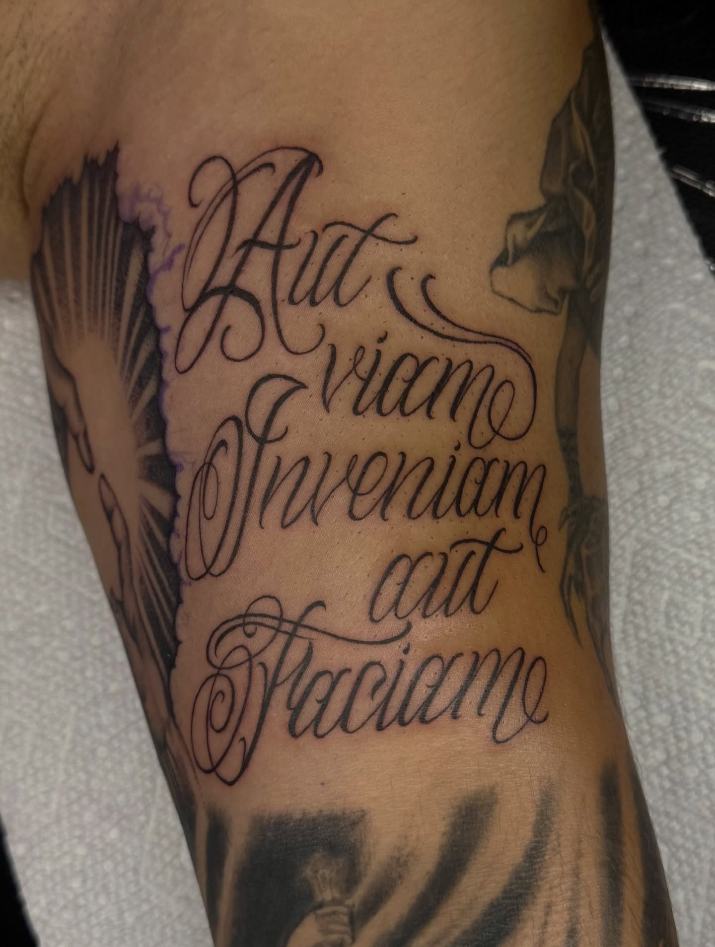 &ldquo;I shall either find a way or make one&rdquo; -Latin lettering for @lunga1012 🪽#tattoo #letteringtattoo #newink #dfwtattoos #lettering