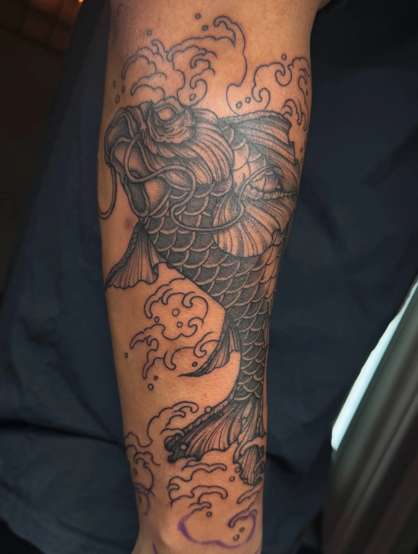 The start on this custom Japanese sleeve for @5six_ona_goodday_ 🙂&zwj;↕️Follow to see the finished result!! #tattoo #japanesetattoo #koifishtattoo #dallastattoos #japanesesleeve