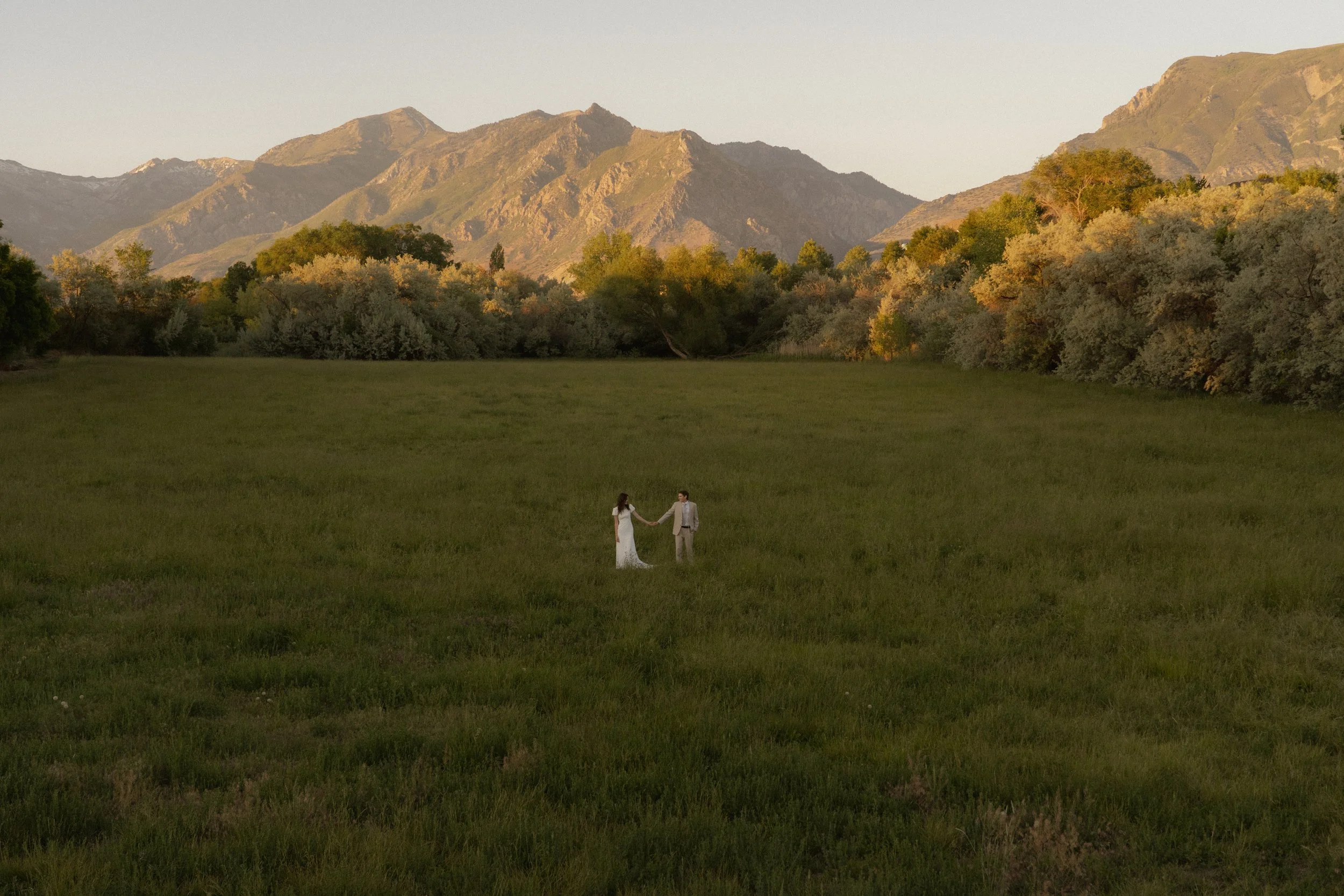 A couple in wedding attire holding hands in a vast green field with trees and mountains in the background during sunset.