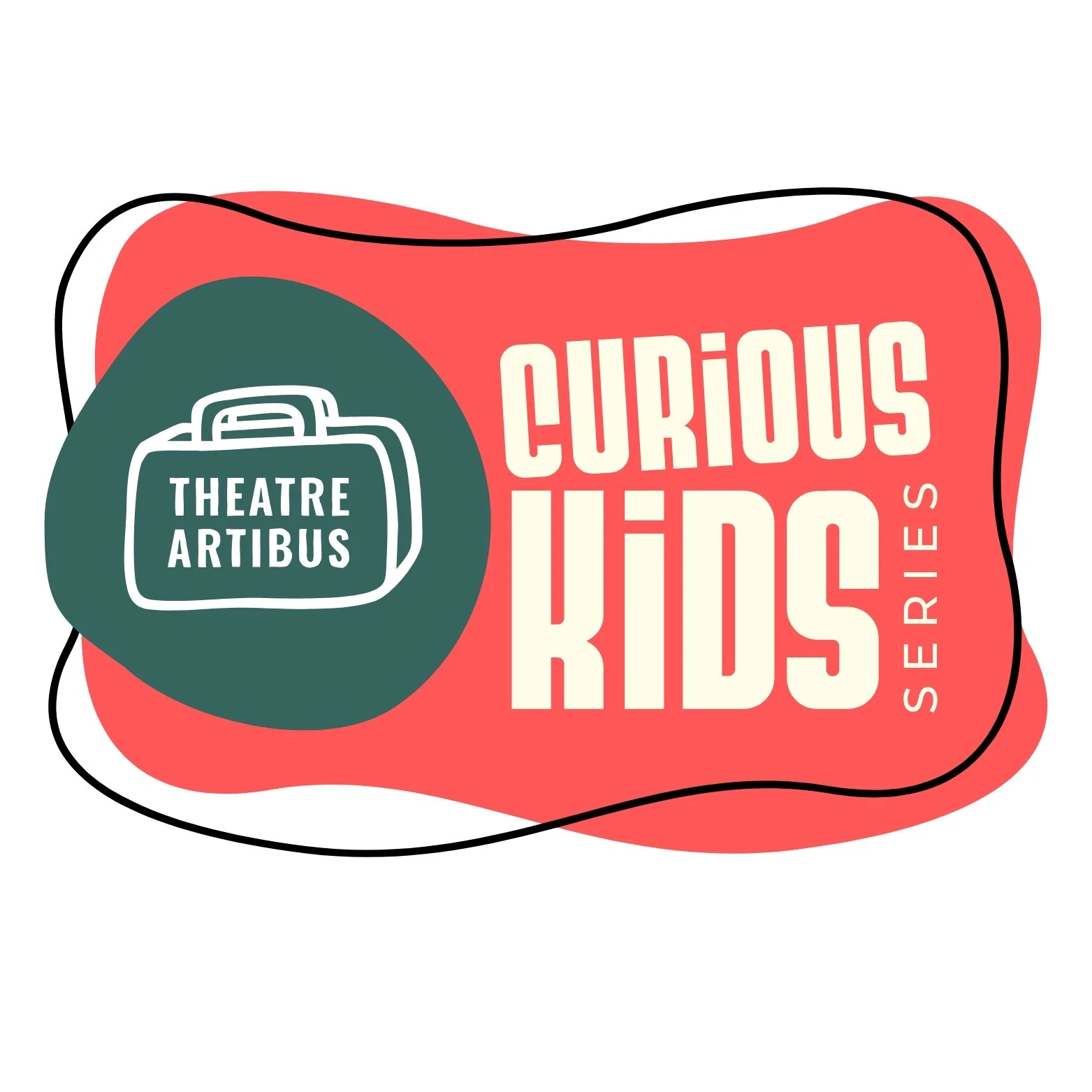Logo for Curious Kids series with a red abstract background, a dark teal circle containing a white outline of a briefcase with the words 'Theatre Artibus,' and the words 'Curious Kids Series' in bold white text.