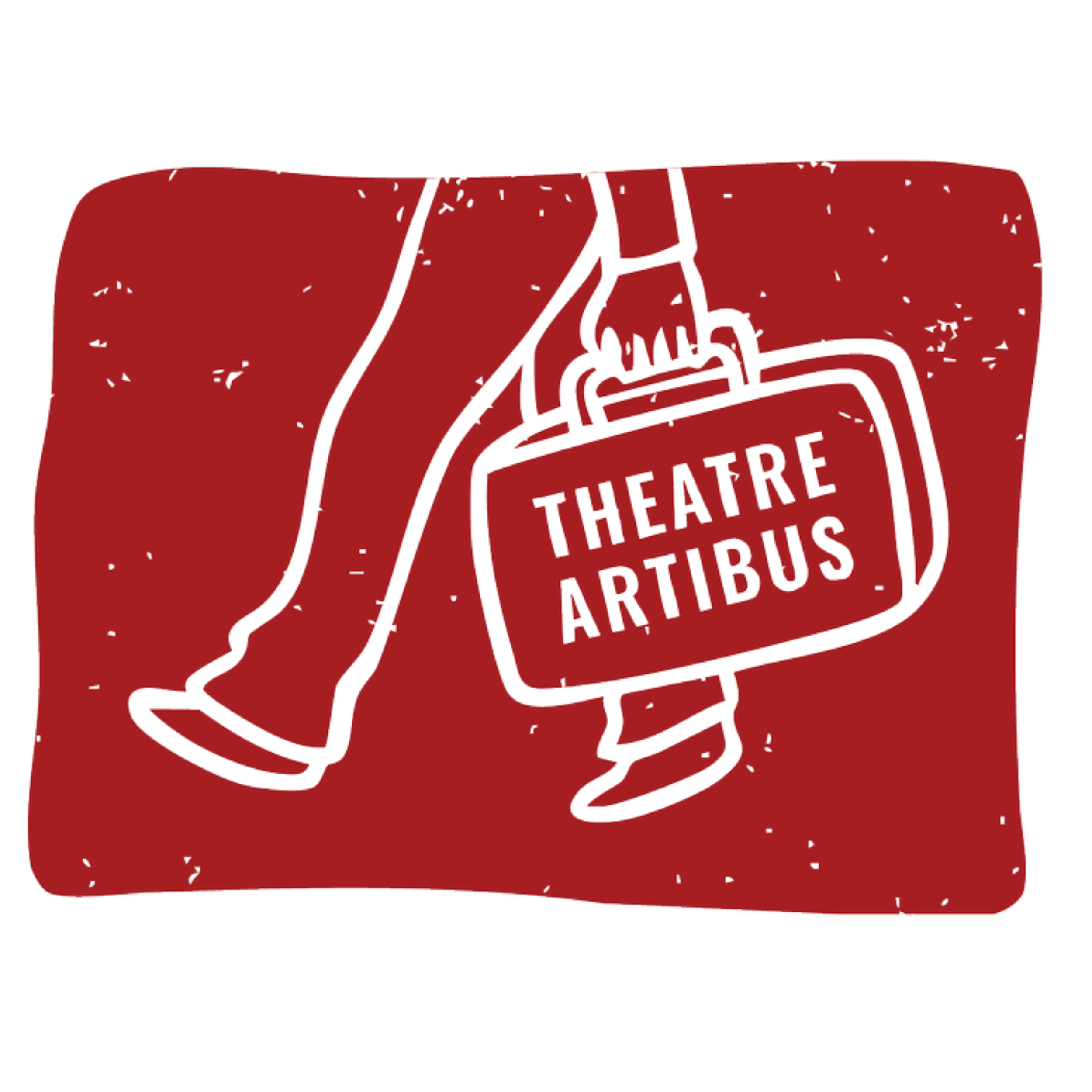 Illustration of a pair of legs wearing pants and shoes, holding a sign with the text 'THEATRE ARTIBUS' and a suitcase, on a red background.
