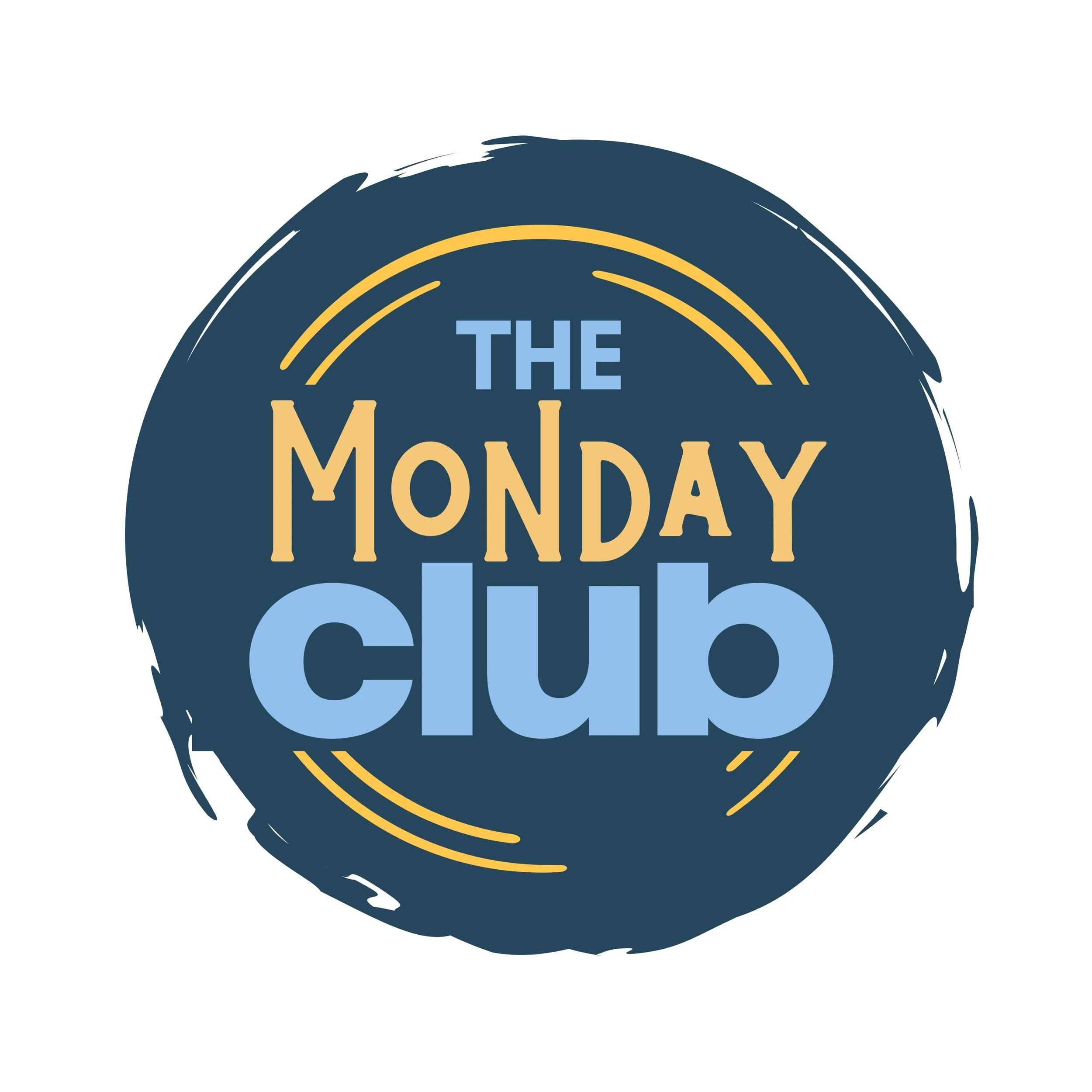 Logo for The Monday Club with navy blue circular background, yellow lines above and below the text, and the words 'THE MONDAY CLUB' in yellow and light blue.