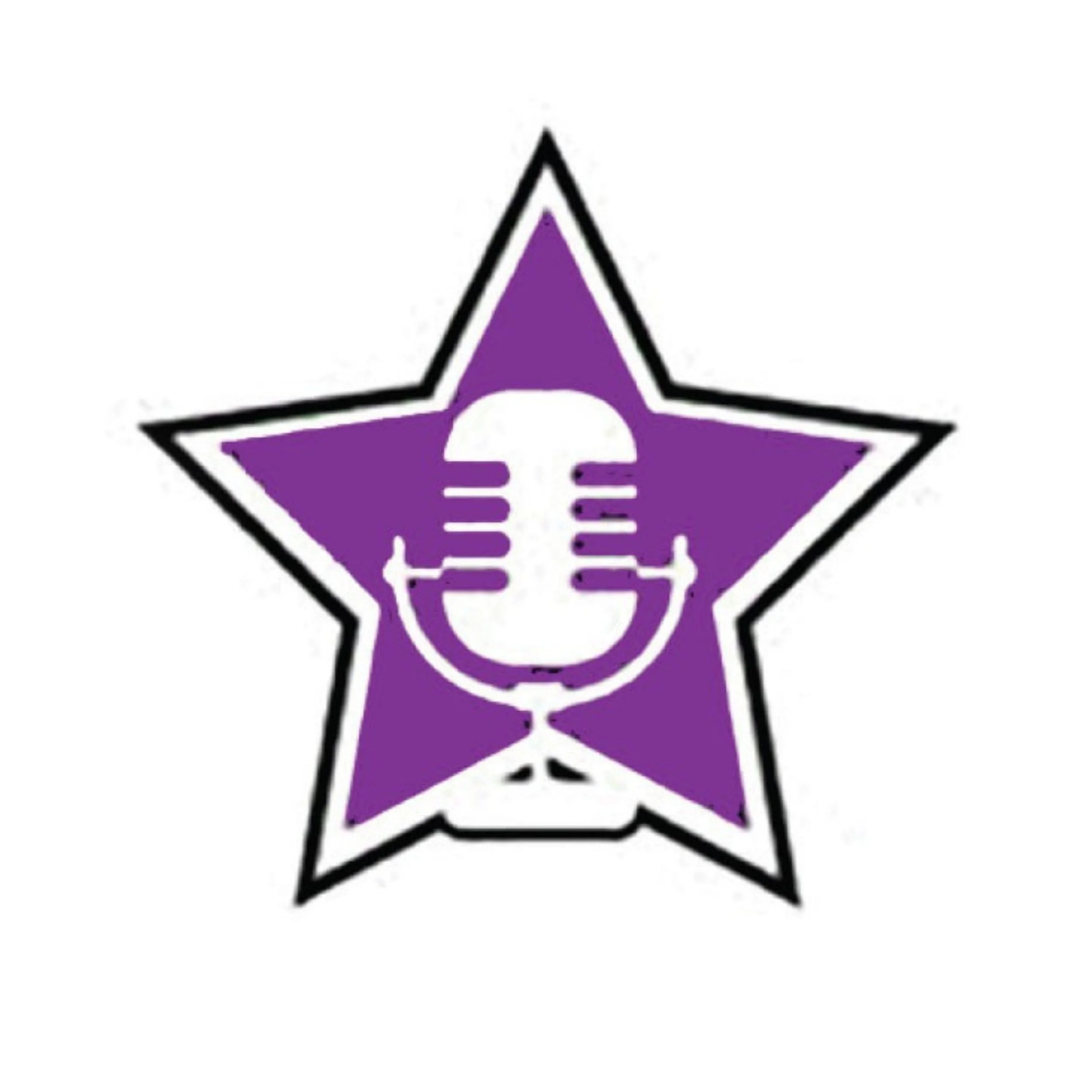 A purple star with a black outline featuring a white vintage microphone icon in the center.