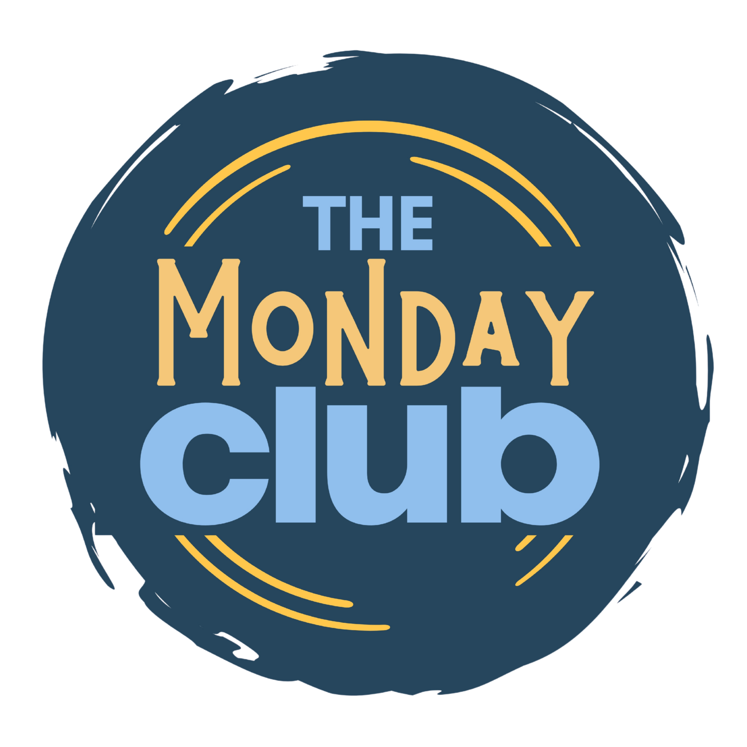 Logo for The Monday Club with the words 'The Monday Club' in blue and beige lettering on a dark blue circular background, with yellow decorative arcs.
