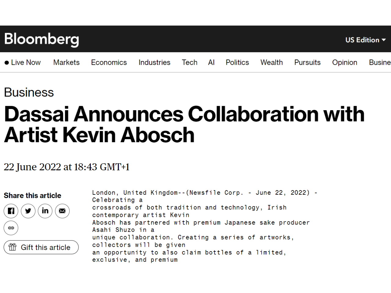 Dassai Announces Collaboration with Artist Kevin Abosch — Honest Media
