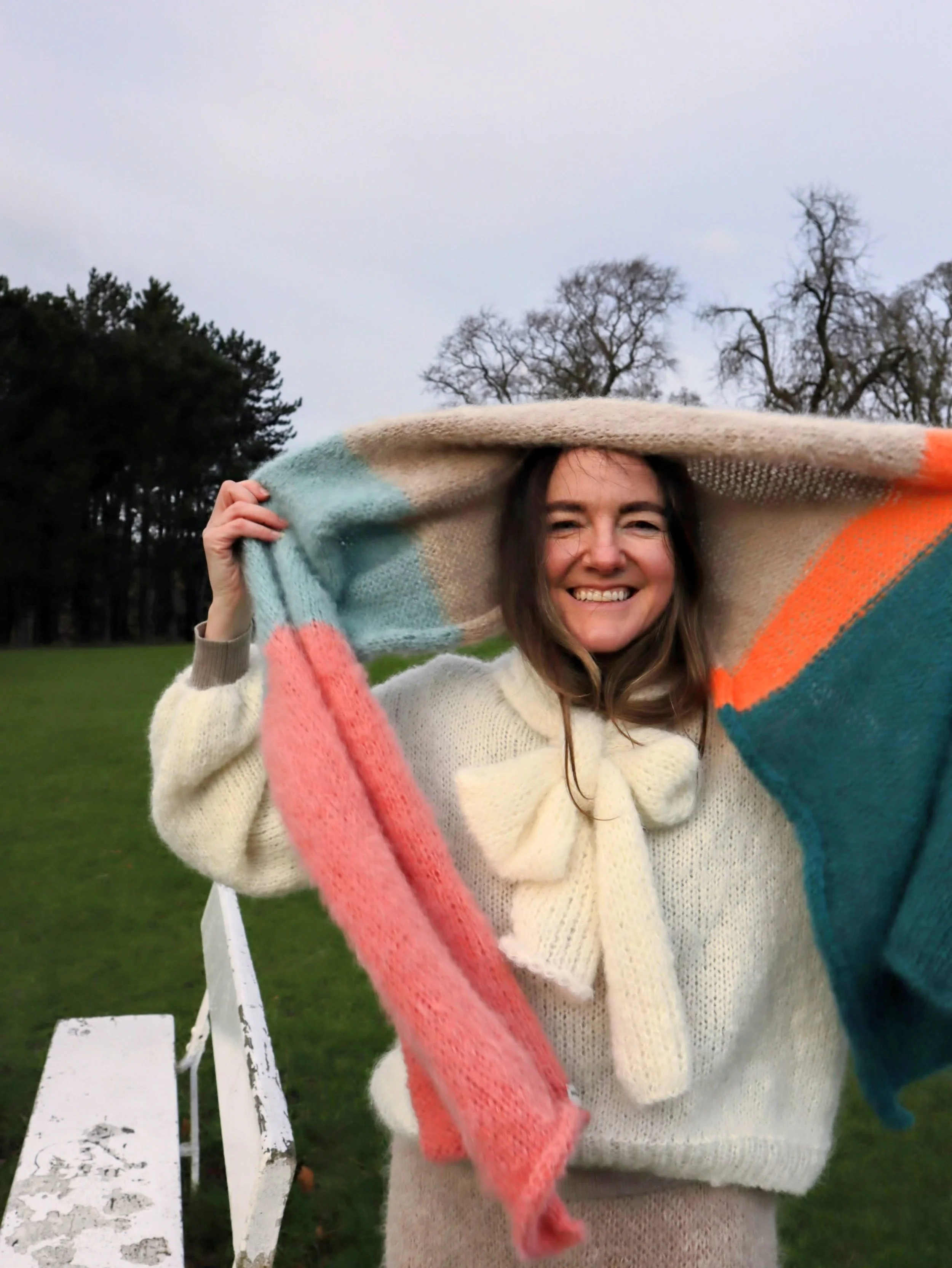 RTW Scarf - Peach, Teal, Sand + Sea-green with Tangy Orange Pop