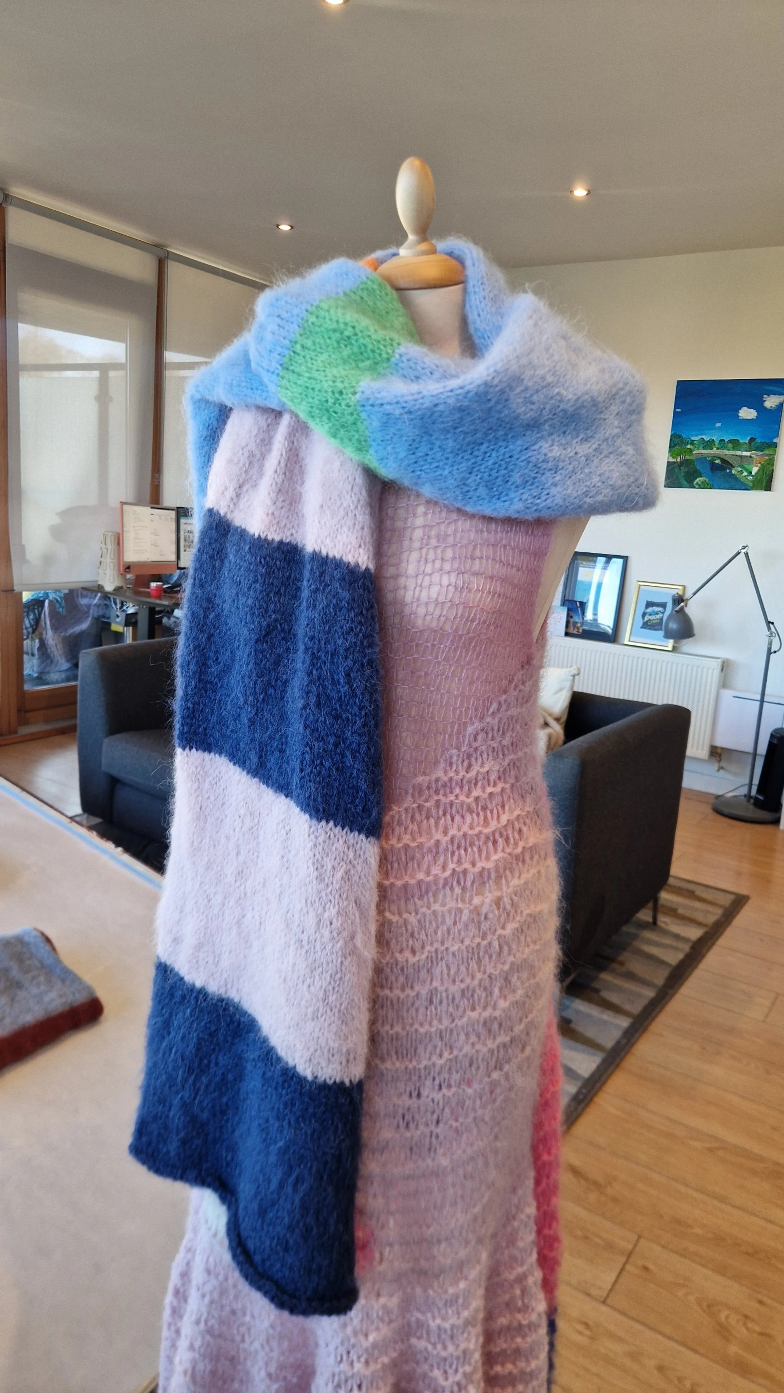 RTW Scarf - Navy + Light Pink Stripe, Light Blue with Tangy Orange and Green Pop