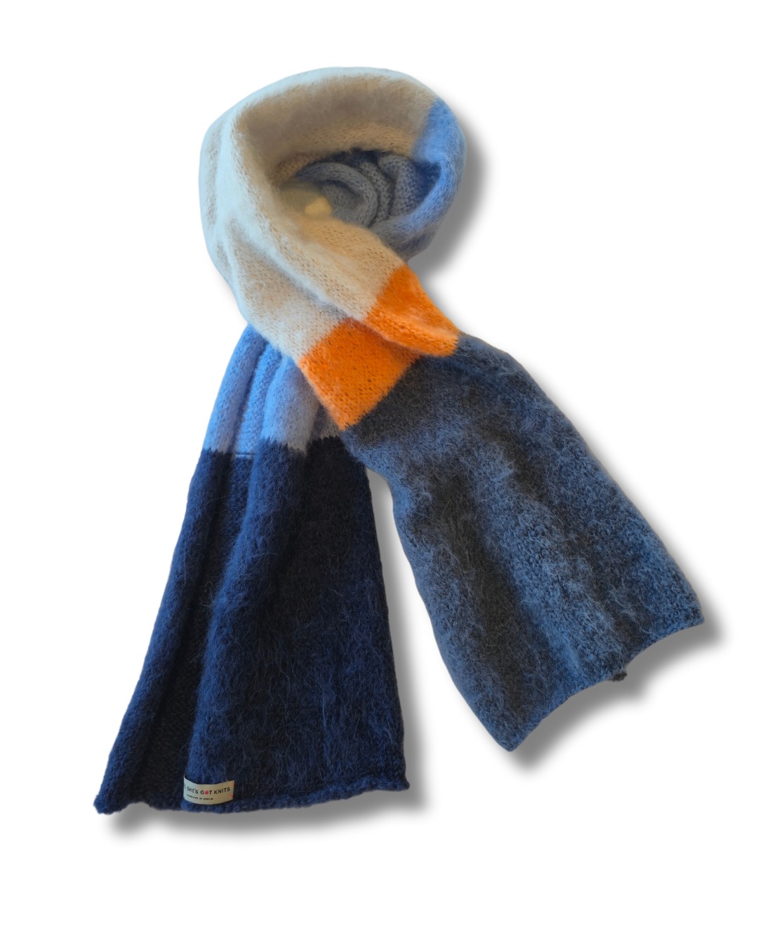 RTW Scarf - Navy, Light Blue, Coffee-cream, Denim with Tangy Orange Pop