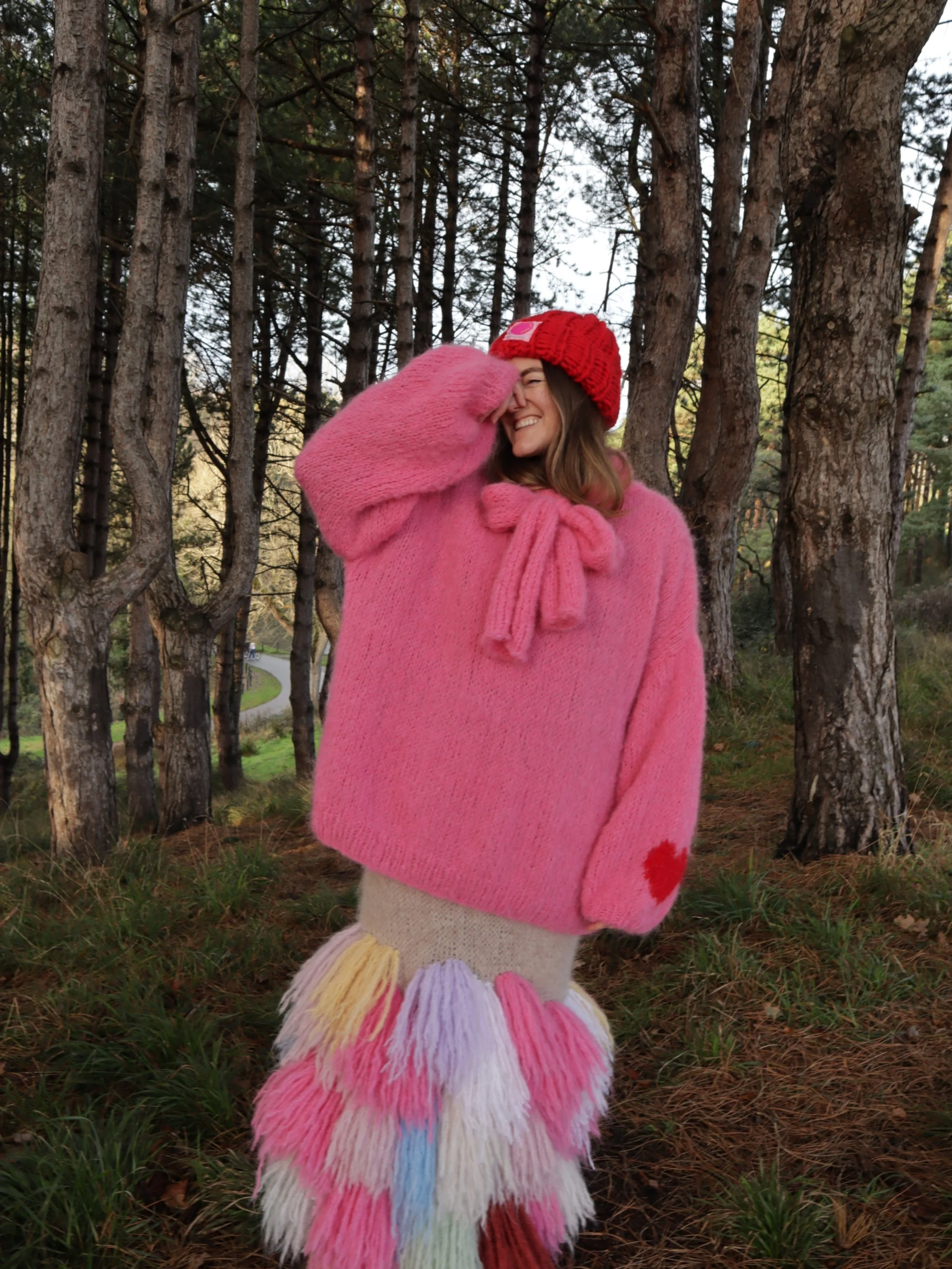 Ready-to-Wear: "TheBigBow" in Pink with Heart on Sleeve - Hand-knit
