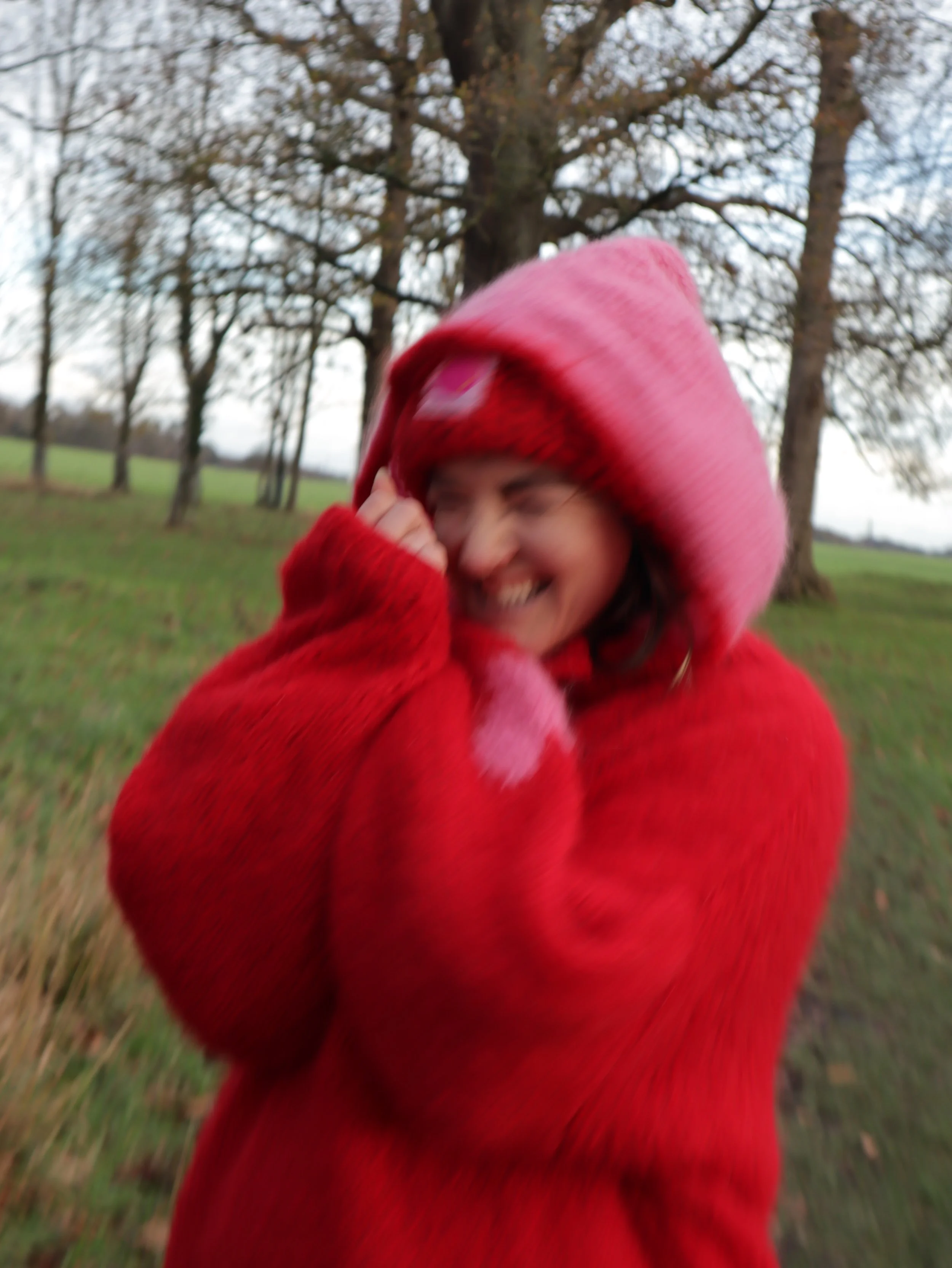 Ready-to-Wear: The DaytoNightCardi in Red with Pink Heart on Sleeve - Hand-knit