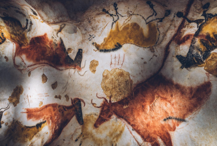 Lascaux caves and other remarkable historical caves. Ancient cave paintings of animals such as horses and bison.