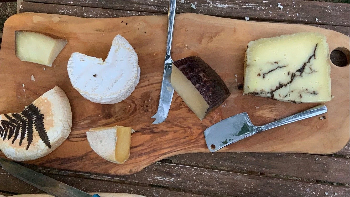 Learn about French cheeses at local markets. Assorted cheeses on a wooden cheese board with cheese knives.